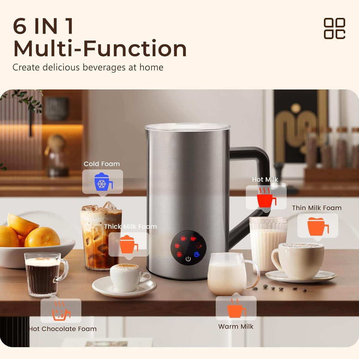 Milk Frother, 6-IN-1 Electric Milk Steamer, 20Oz/591Ml Hot & Cold Foam Maker for Latte & Cappuccino, 550W Fast Heating Stainless Steel Milk Steamer, Hot Chocolate Maker