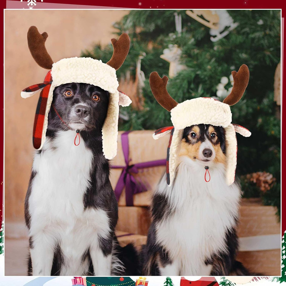2 Pcs Christmas Antler Check Dog Santa Hat Adjustable Pet Red Plaid Pet Cap Xmas Antler Dog Hats for Small Medium Large Dogs(M)