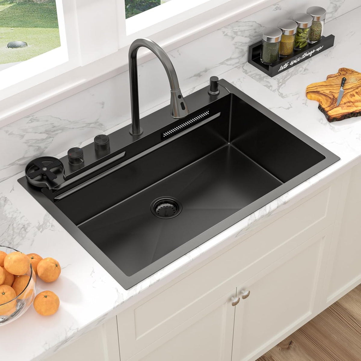 Black Waterfall Drop Kitchen Sink 33 Inch Drop in Workstation Sink