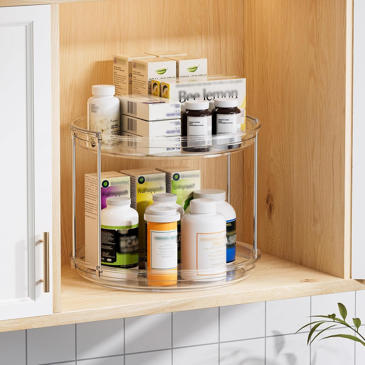 4 Pack 10.6'' 2-Tier Lazy Susan Turntable Organizer Rotating Spice Rack Organization for Cabinet, Kitchen, Pantry, Countertop, Bathroom, Vanity, Makeup Organizer, Clear