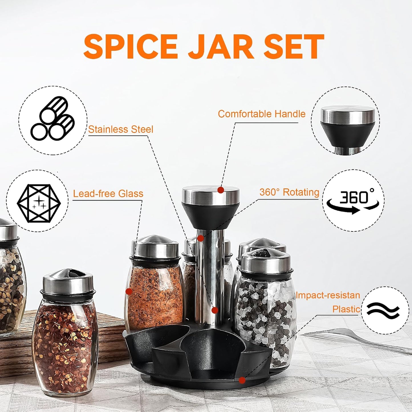 6 Pack Spinning Glass Spice Jars with Organizer Rack for Countertop