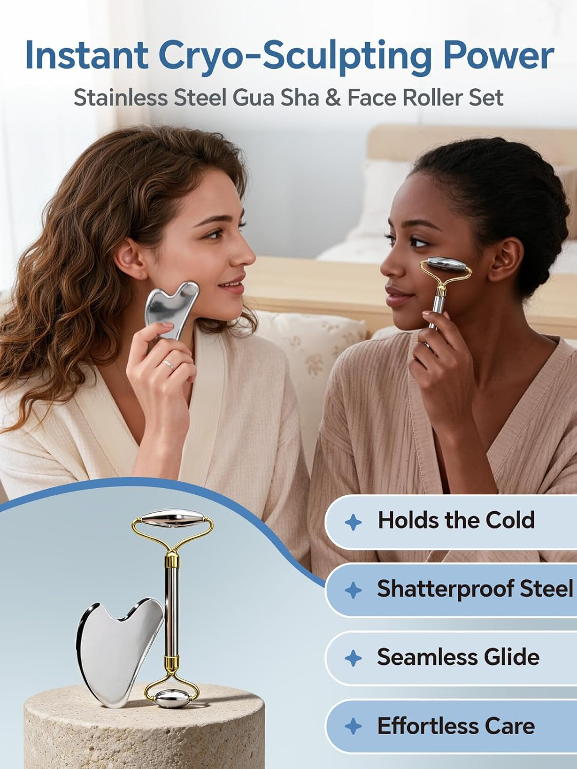 Stainless Steel Face Roller & Gua Sha Facial Tools, Face Massager for Self Care, Roller for Face, Jawline Sculpting and Puffiness Reducing