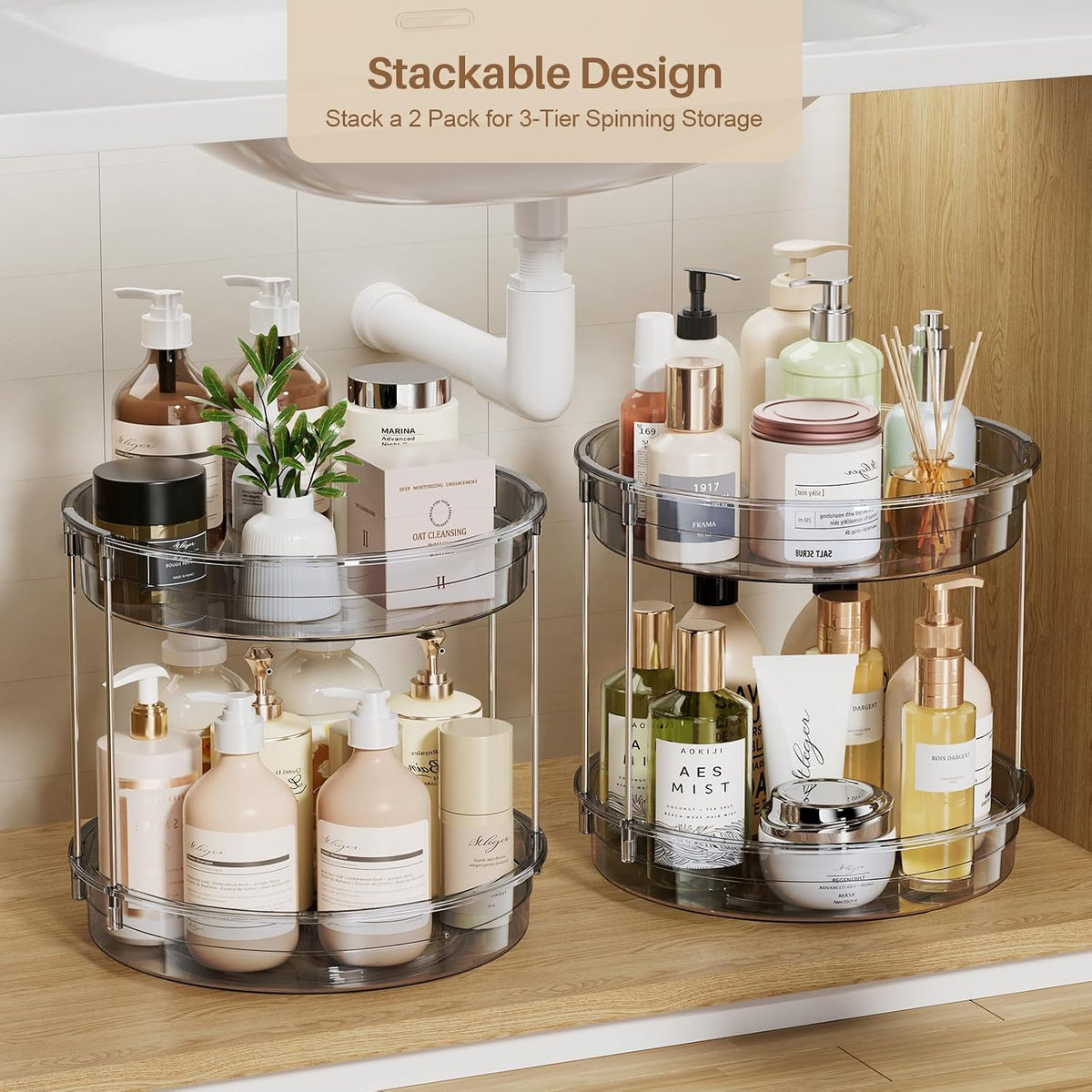 12 Inch 2 Tier Lazy Susan Turntable Organizer Rotating Spice Rack Organization for Cabinet, Kitchen, Pantry, Countertop, Bathroom, Vanity, Medicine Cabinet Organizer, Grey