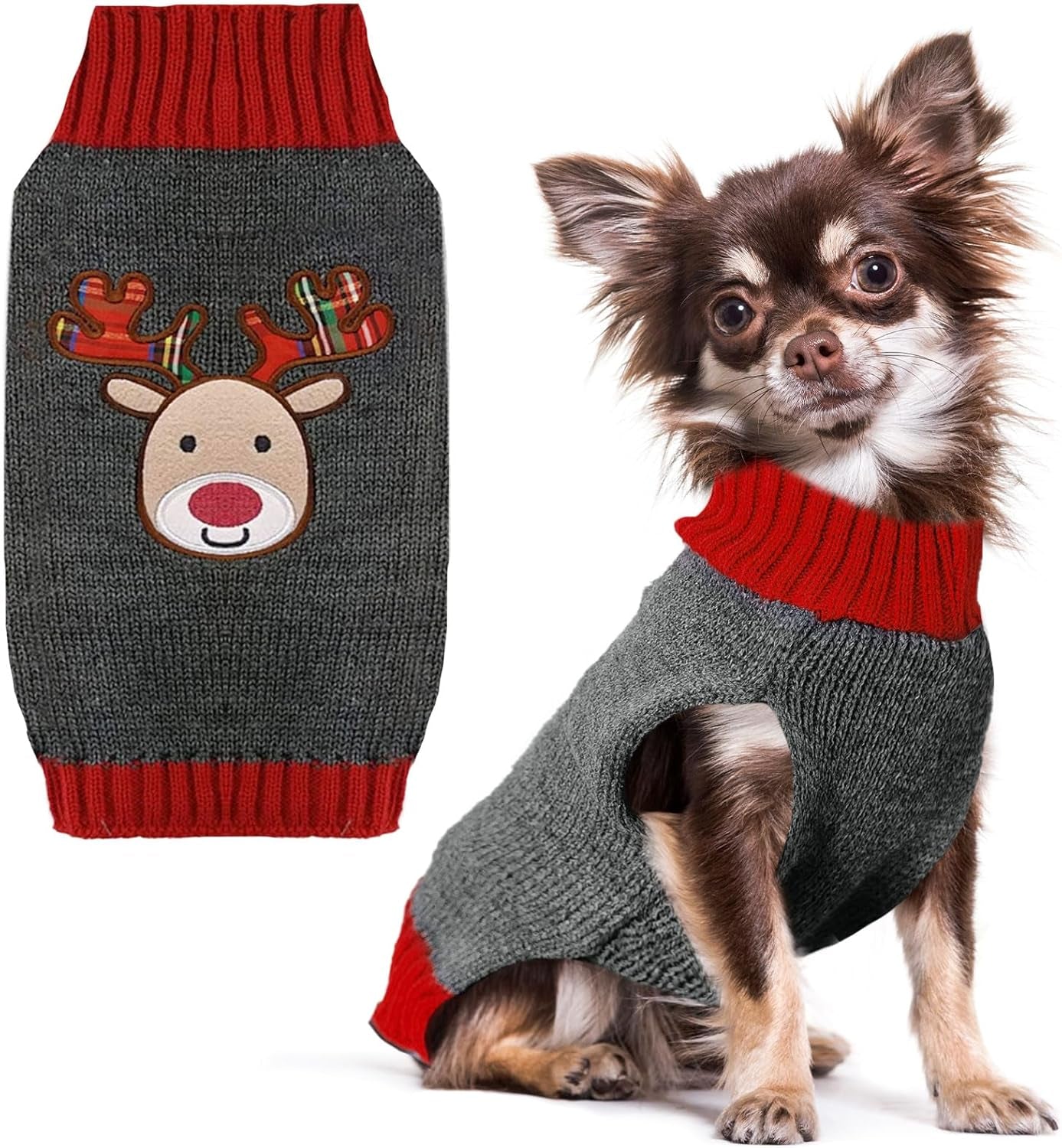 Reindeer Christmas Dog Sweater Gray Cat Sweater Vest Cartoon Elk Pet Holiday Dog Clothes Puppy Sweaters for Small Medium Large Dogs Cats Fall Winter Outfits Xmas Dogs Costume,Large