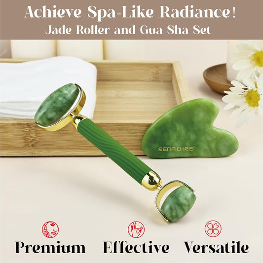 Gua Sha and Face Roller Set: Anti-Breakage Jade Roller for Long-Lasting Use, Jawline Sculpting and Puffiness Reducing, Gua Sha Facial Tools for Self Care Gift (Green)