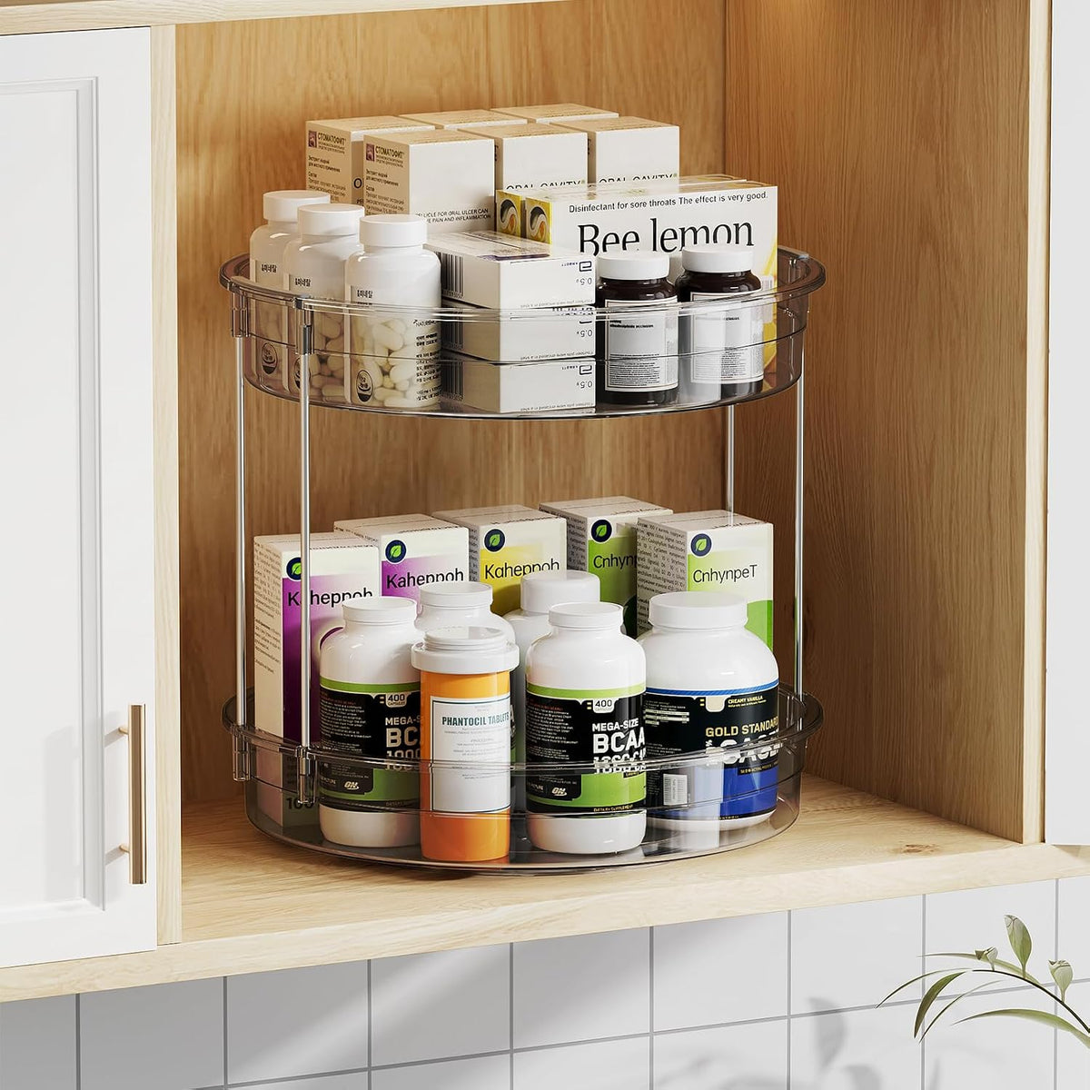 12 Inch 2 Tier Lazy Susan Turntable Organizer Rotating Spice Rack Organization for Cabinet, Kitchen, Pantry, Countertop, Bathroom, Vanity, Medicine Cabinet Organizer, Grey