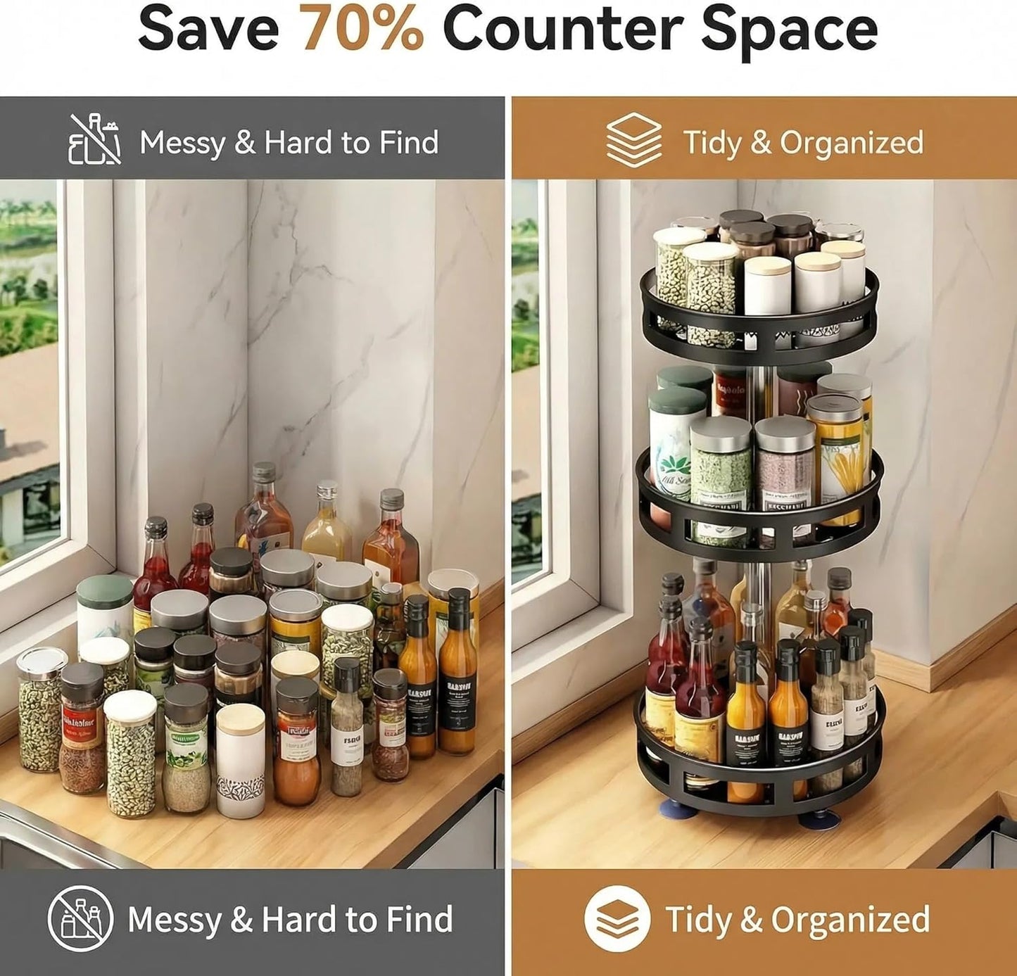 3-Tier Rotating Spice Rack Organizer, Carbon Steel, 360° Turntable, Non-Slip Base, 9.84X9.84X21.26 Inches, Black