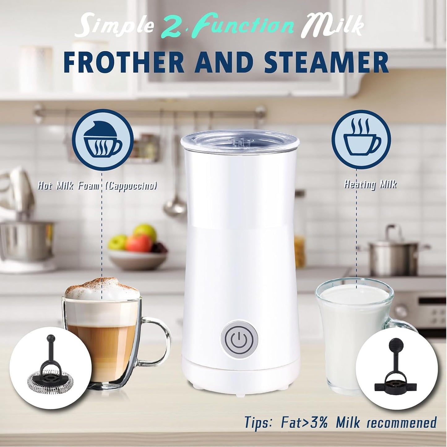 Milk Frother Simple Milk Frother and Steamer 2-In-1 Milk Steamer with Hot Milk Foam and Hot Milk for Latte, Macchiato, Cappuccinos, White （Medium）