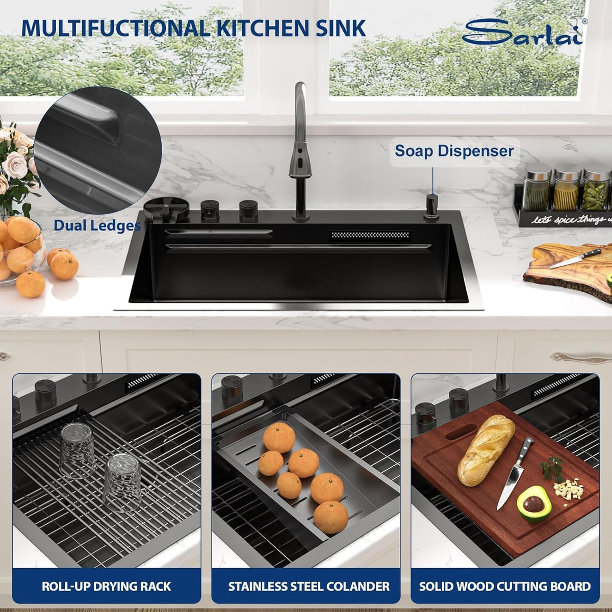 Black Waterfall Drop Kitchen Sink 33 Inch Drop in Workstation Sink