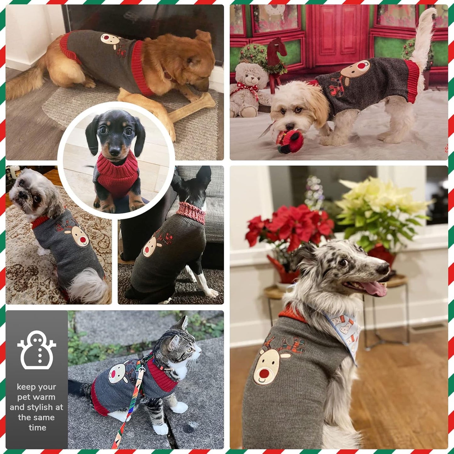 Reindeer Christmas Dog Sweater Gray Cat Sweater Vest Cartoon Elk Pet Holiday Dog Clothes Puppy Sweaters for Small Medium Large Dogs Cats Fall Winter Outfits Xmas Dogs Costume,Large