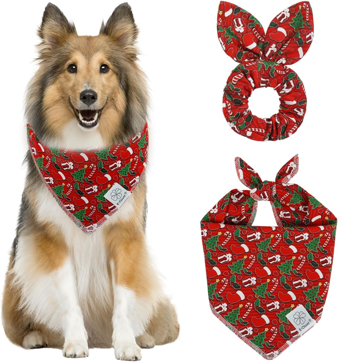 Christmas Dog Bandanas & Matching Scrunchie Set Green Red Dog Scarf Bibs Pet Bandana with Bow Tie for Medium Large Dogs Owner Mom Winter