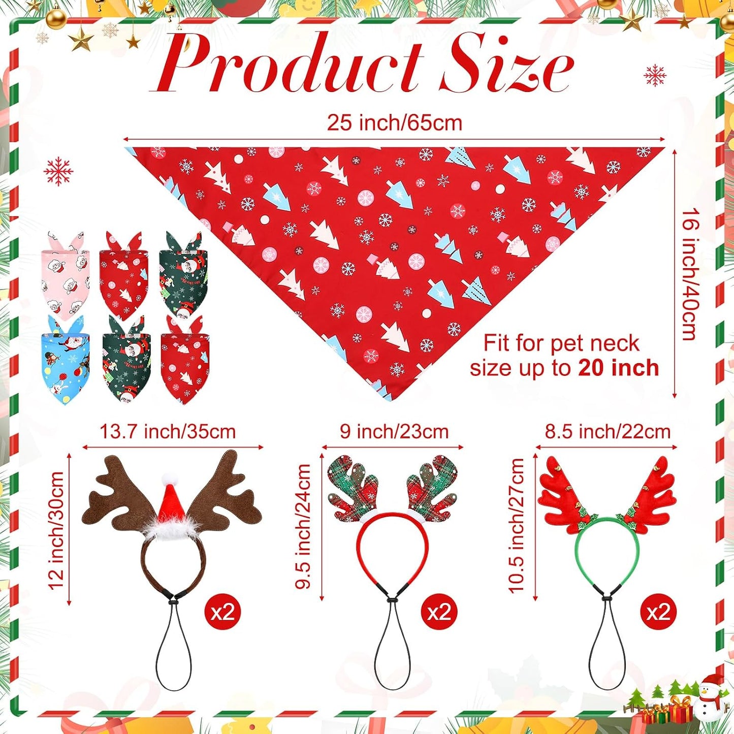 12 Pcs Christmas Pet Headband Bandana, Reindeer Headband