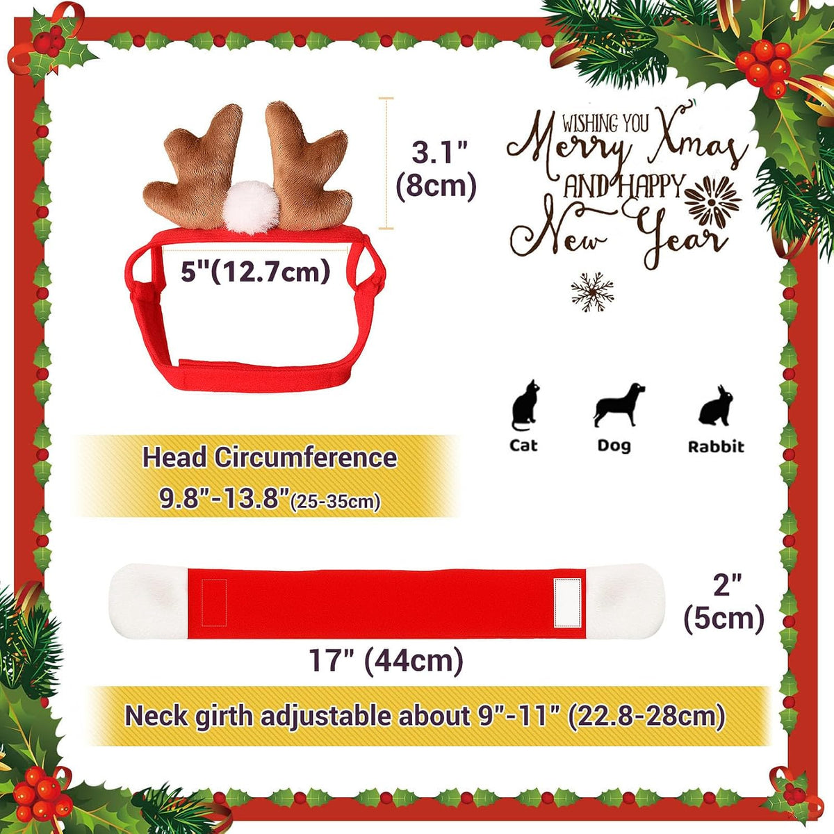 Pet Reindeer Costume for Cats Small Dogs Rabbits, Christmas Cat Antler Headband with Red Scarf, Small Dog Santa Deer Antler Outfit for Christmas New Year Party Cosplay Statue Decoration