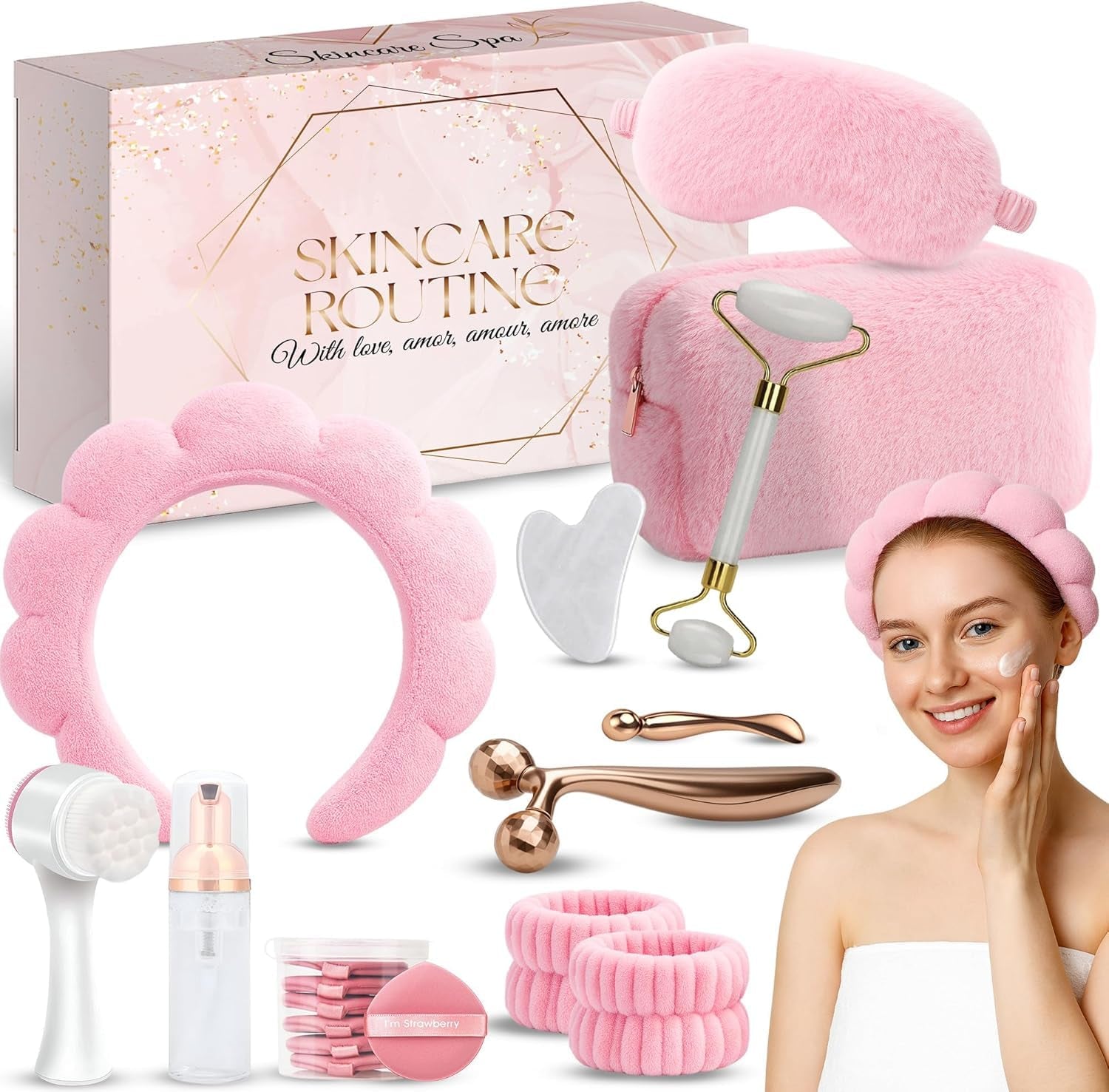 Skincare Tools Set, Cute Skin Care Tool for Teens, Facial Accesories for Skincare, Clean Girl Aesthetic Gifts, Teen Skin Care Kit, Pink Selfcare Item, Face Cleaning Kit, Face Washing Kit for Teen Girl