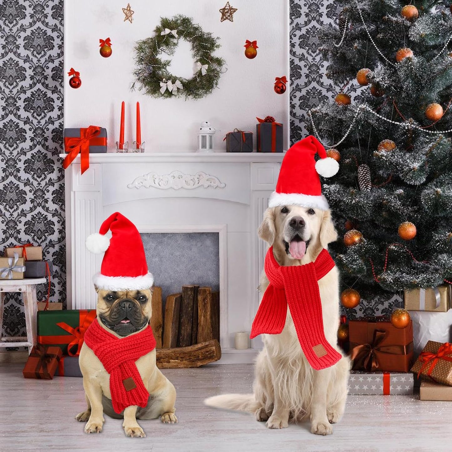 Dog Santa Hat and Scarf, Christmas Dog Costumes for Small Dogs & Cats