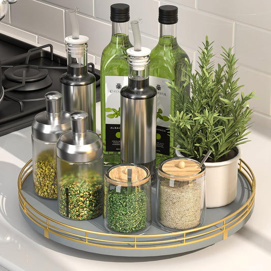 12-Inch Gray Wooden Lazy Susan Spice Organizer with Gold Rail