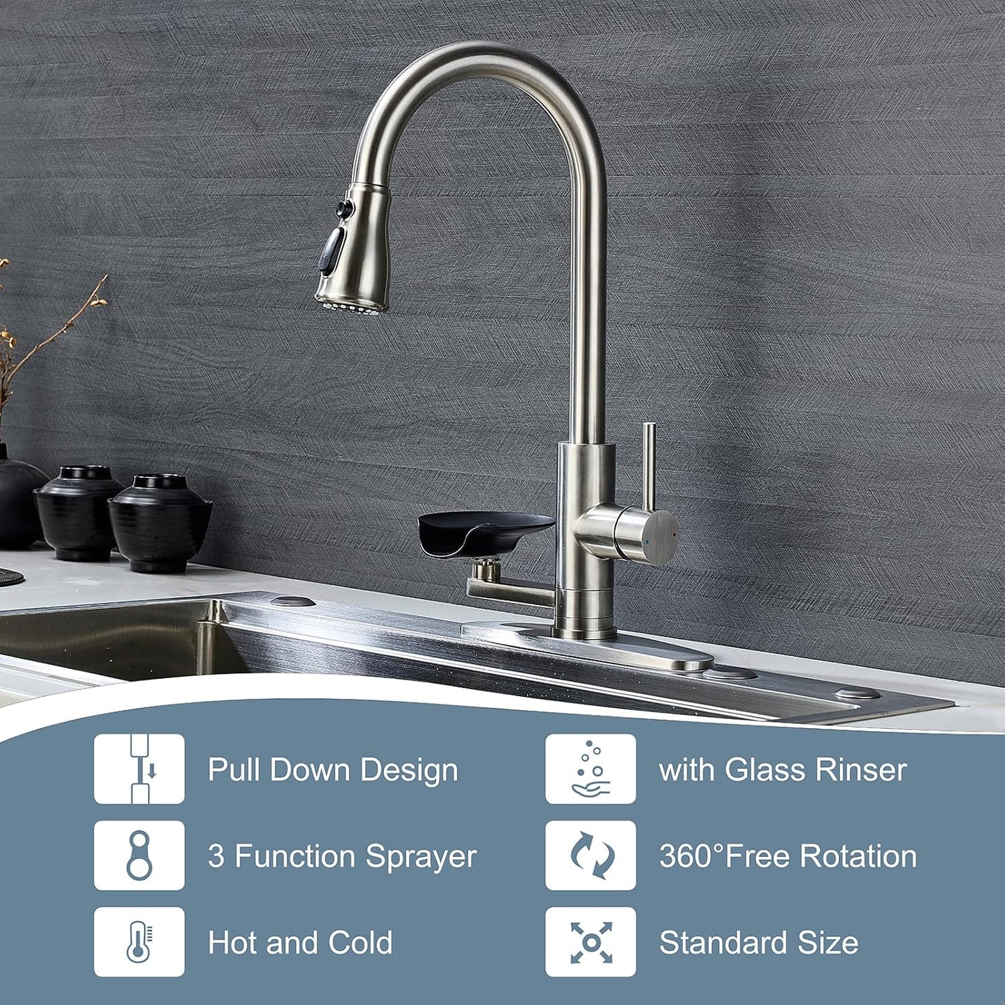 Brushed Nickel Kitchen Faucet with Glass Rinser, Pull down Sprayer with 3 Water Modes, Single Handle Stainless Steel Kitchen Sink Faucet with Deck Plate, Modern High Arc Design