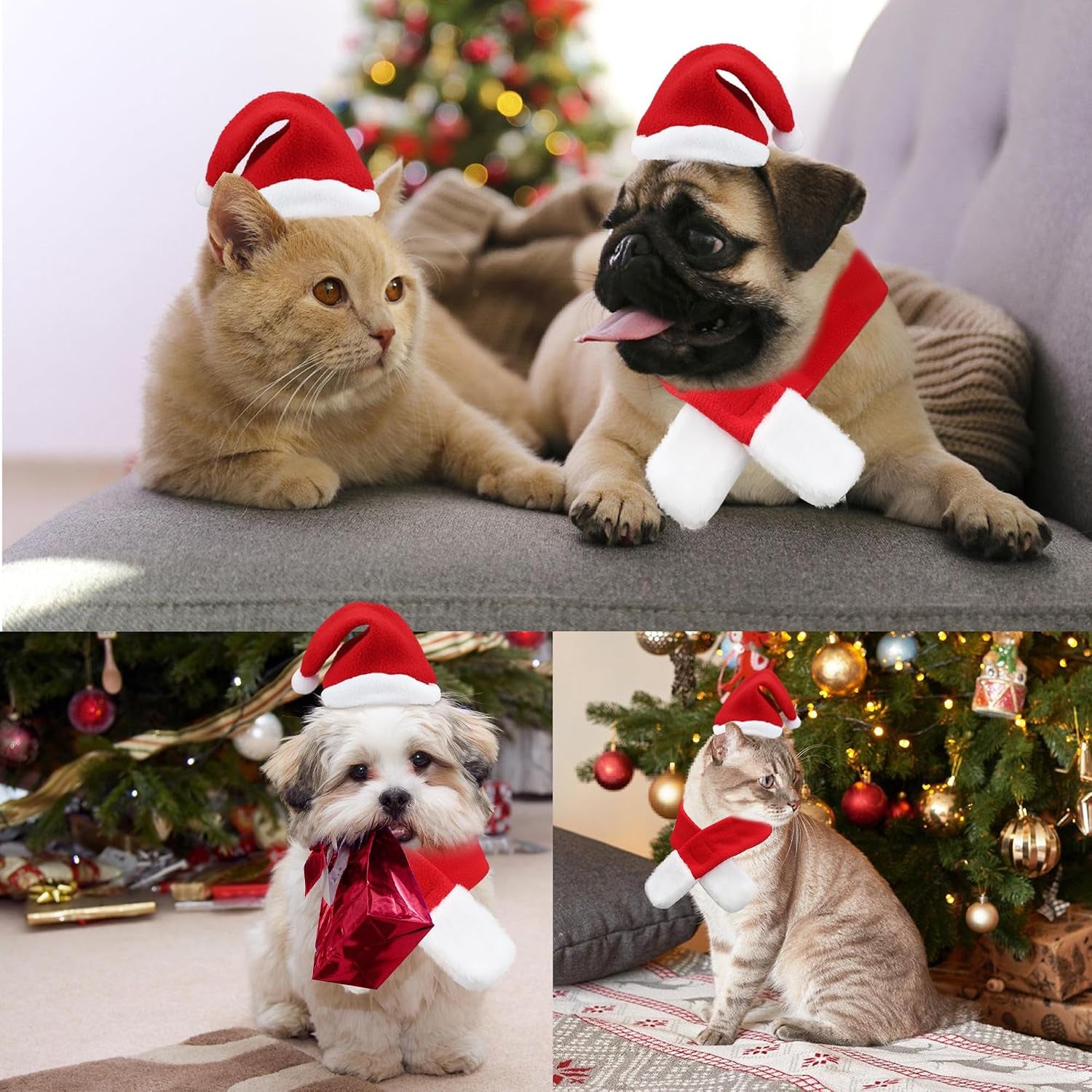 6 Pcs Christmas Santa Hat with Scarf Pet Costume Set Holiday Outfit Costumes Pets Santa Hat Scarf Set for Pet Small Cat Dog Puppy Christmas Party Costume Dress up Supplies