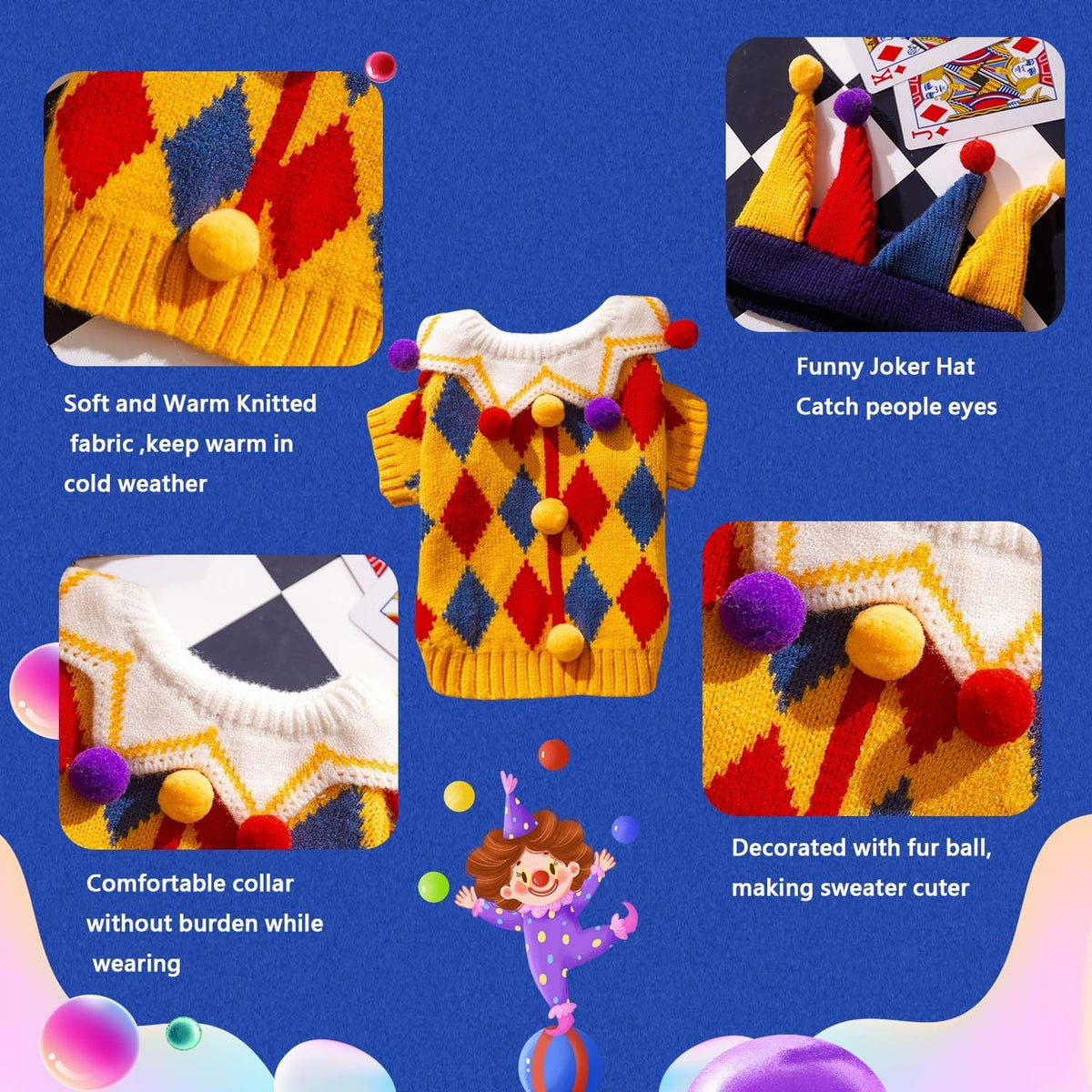 Dog Halloween Sweater Pet Circus Clown Costume with Joker Hat,Xl