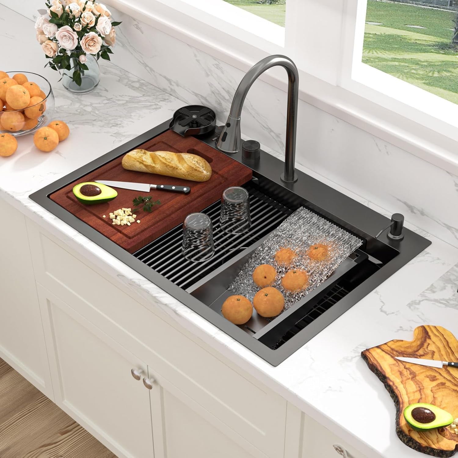 Black Waterfall Drop Kitchen Sink 33 Inch Drop in Workstation Sink