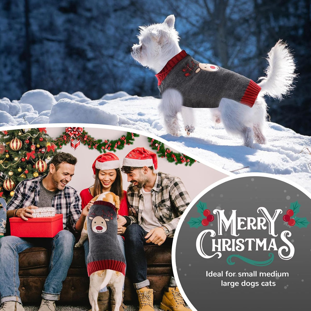 Reindeer Christmas Dog Sweater Gray Cat Sweater Vest Cartoon Elk Pet Holiday Dog Clothes Puppy Sweaters for Small Medium Large Dogs Cats Fall Winter Outfits Xmas Dogs Costume,Large
