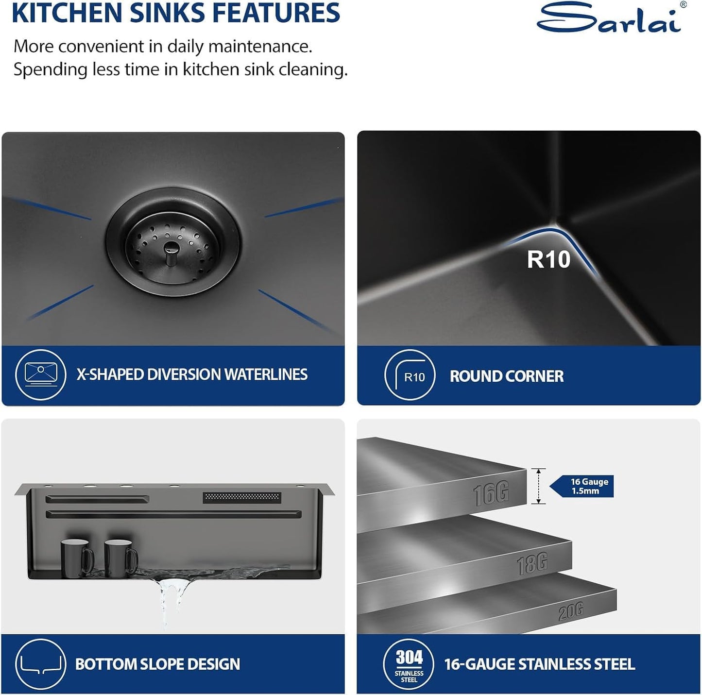 Black Waterfall Drop Kitchen Sink 33 Inch Drop in Workstation Sink