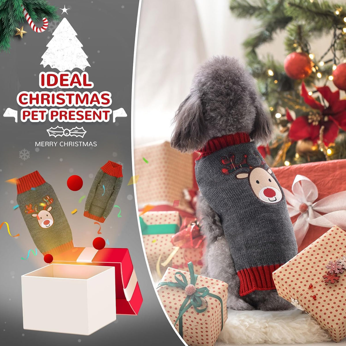 Reindeer Christmas Dog Sweater Gray Cat Sweater Vest Cartoon Elk Pet Holiday Dog Clothes Puppy Sweaters for Small Medium Large Dogs Cats Fall Winter Outfits Xmas Dogs Costume,Large