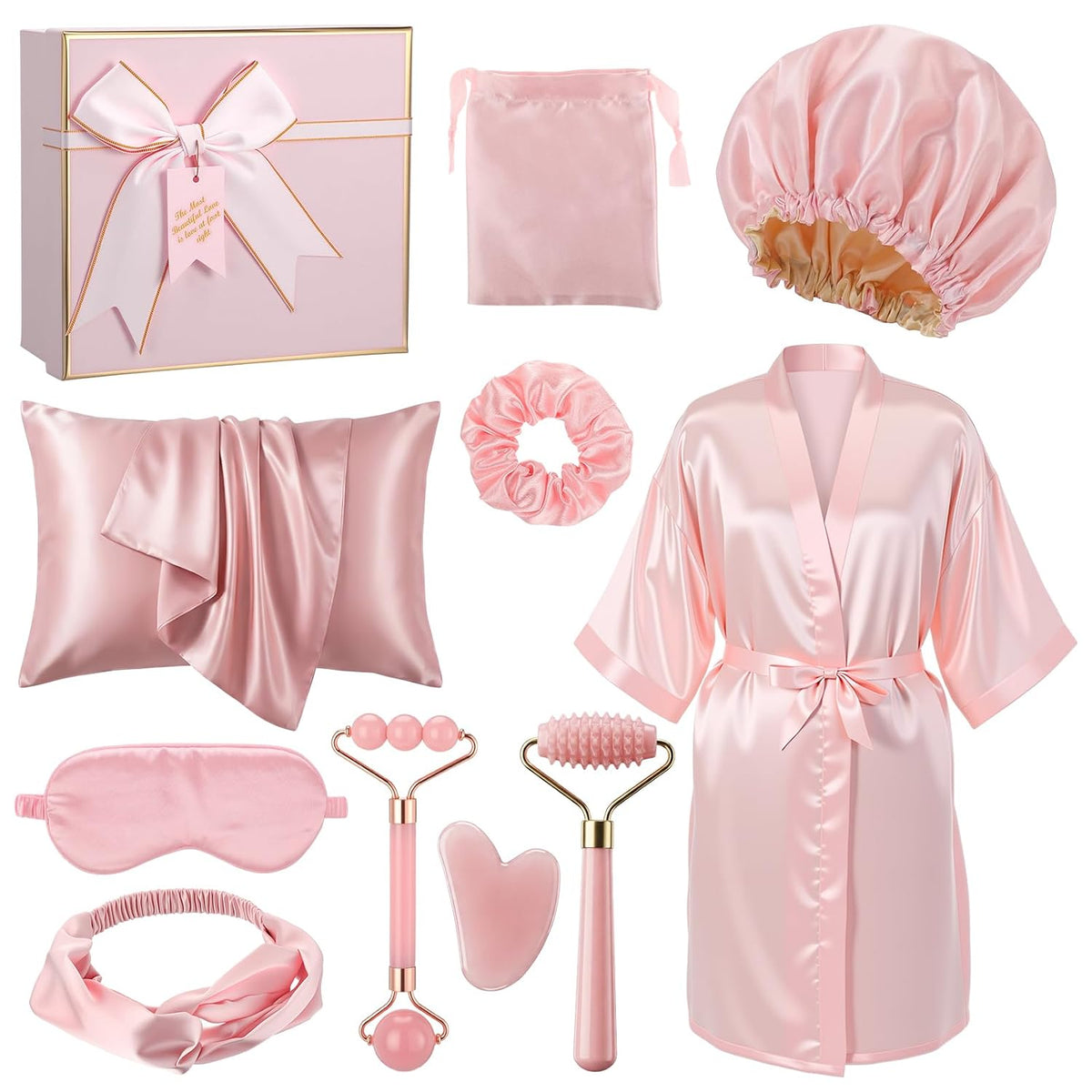 13 Pcs Birthday Gift for Women Spa Care Set Satin Robe, Silk Bonnet, Face Roller Sleep Essentials for Girls Mom(Pink)