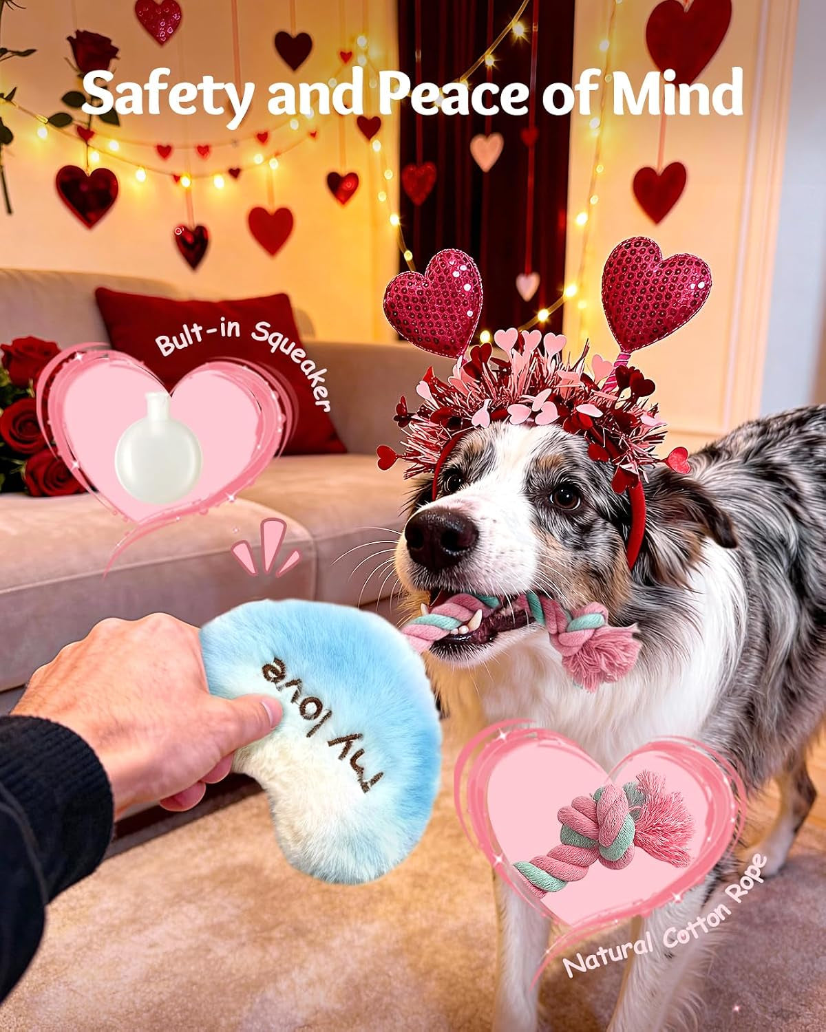 4 Pcs Pink Valentines Dog Toys - Cute Plush Squeaky Dog Toys, Cat Dog Scarf Headband for Puppy Pet to Keep Them Busy (Not for Big & Aggressive Chewer)