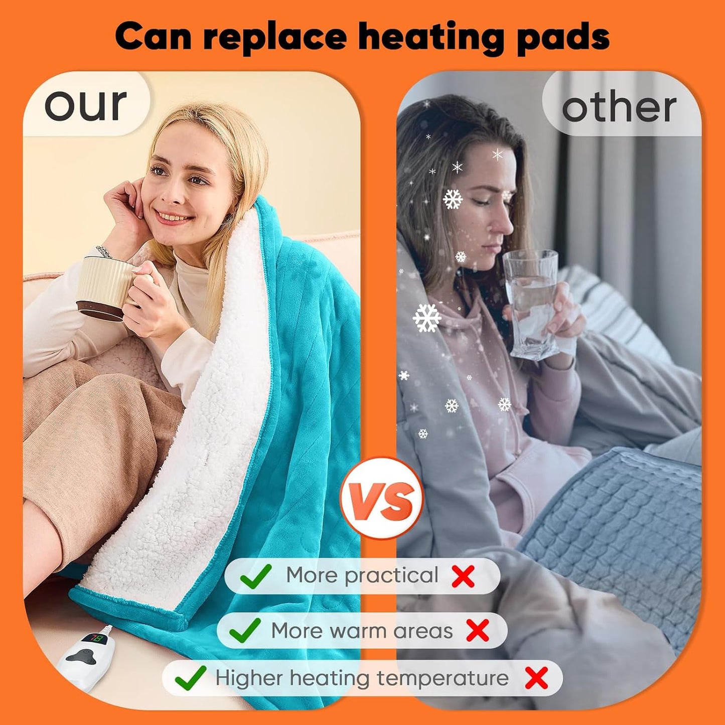 Heated Blanket Electric Throw 50"X60", Heating Blanket with 10 Heat Levels 8 Hours Auto-Off,Fleece Soft Christmas Blanket, Gifts for Grandma Seniors Mom, Lake Blue