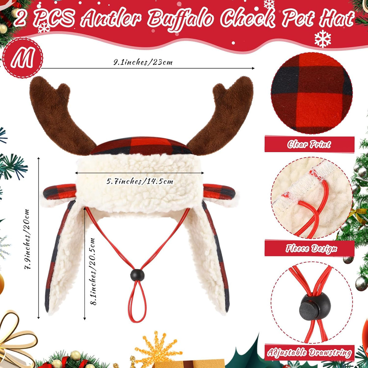 2 Pcs Christmas Antler Check Dog Santa Hat Adjustable Pet Red Plaid Pet Cap Xmas Antler Dog Hats for Small Medium Large Dogs(M)