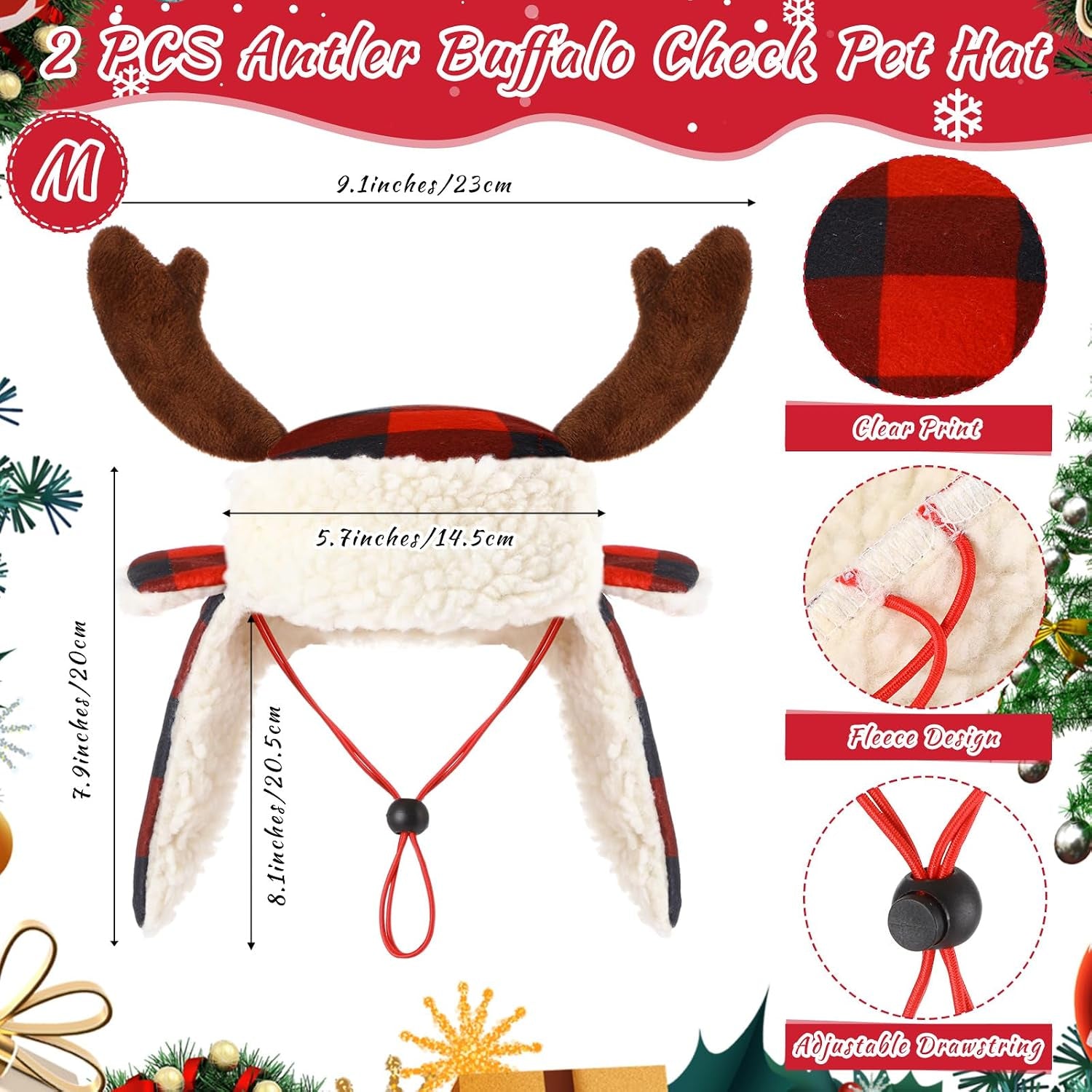 2 Pcs Christmas Antler Check Dog Santa Hat Adjustable Pet Red Plaid Pet Cap Xmas Antler Dog Hats for Small Medium Large Dogs(M)