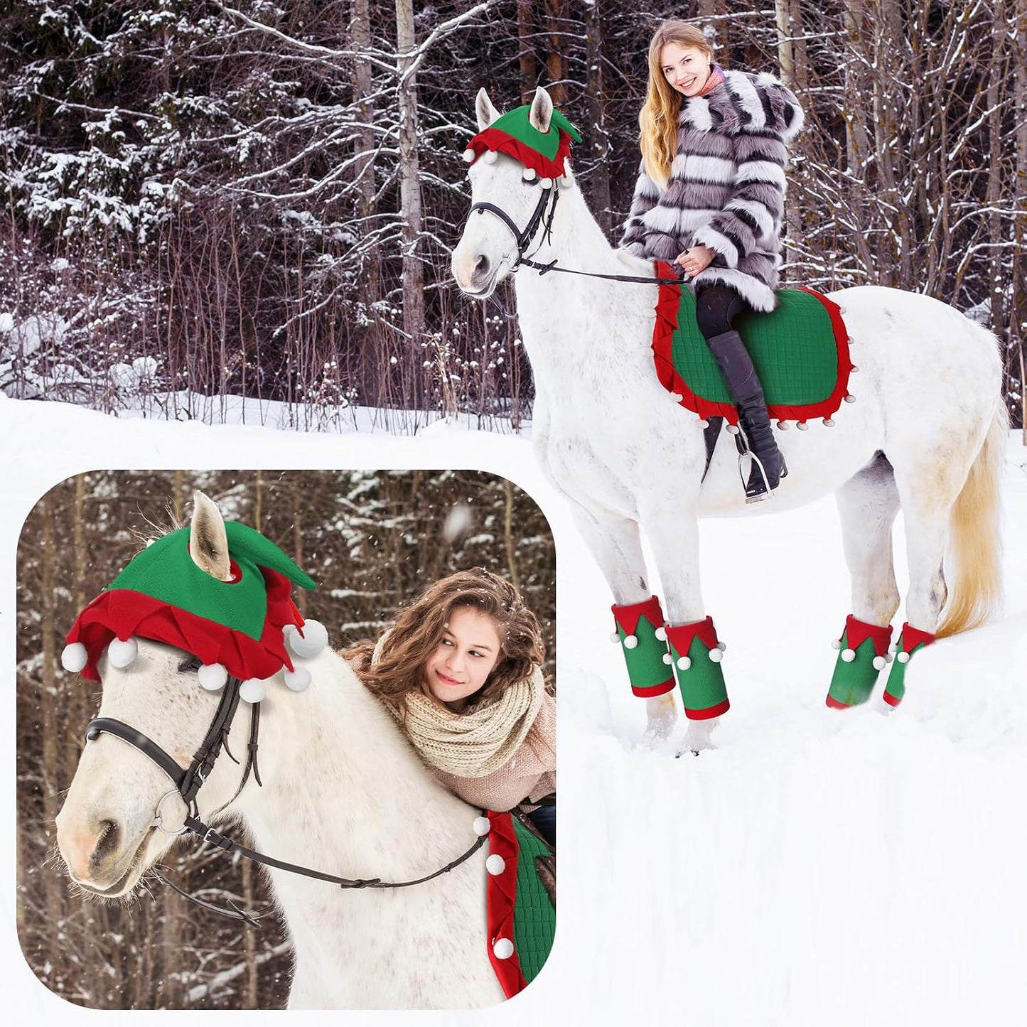 6 Pcs Christmas Holiday Santa Leg Wraps with Faux Fur Trim Holiday Santa Horse Hat All Purpose Santa Saddle Pad for Christmas Horse Costume Accessories
