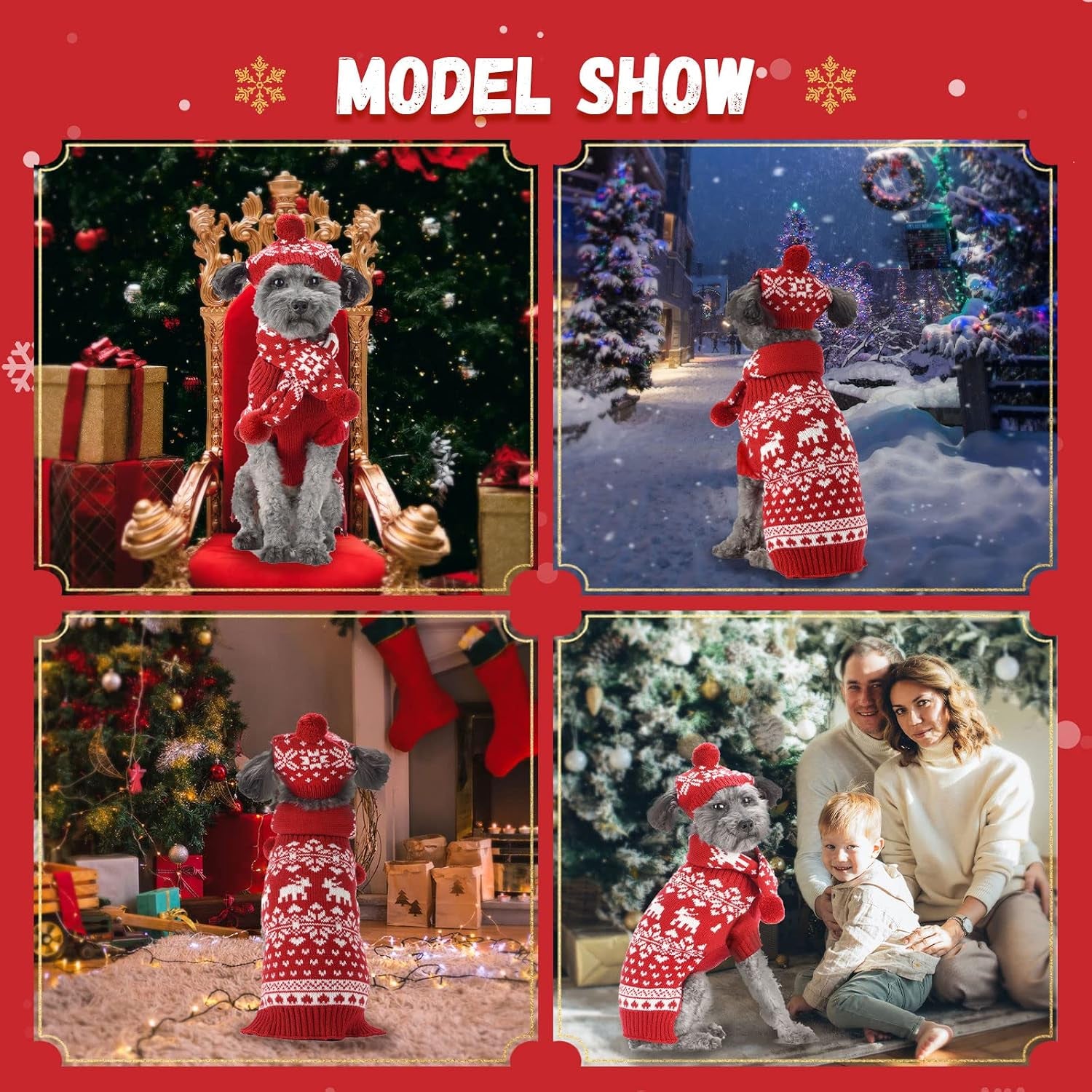 Dog Christmas Outfit 3 PCS Set Pet Xmas Sweater Hat Scarf Snowflake Christmas Dog Cat Sweaters Costume Winter Warm Small Dogs Clothes New Year Holiday Puppy Clothing (Scarf + Hat + Sweater,L)