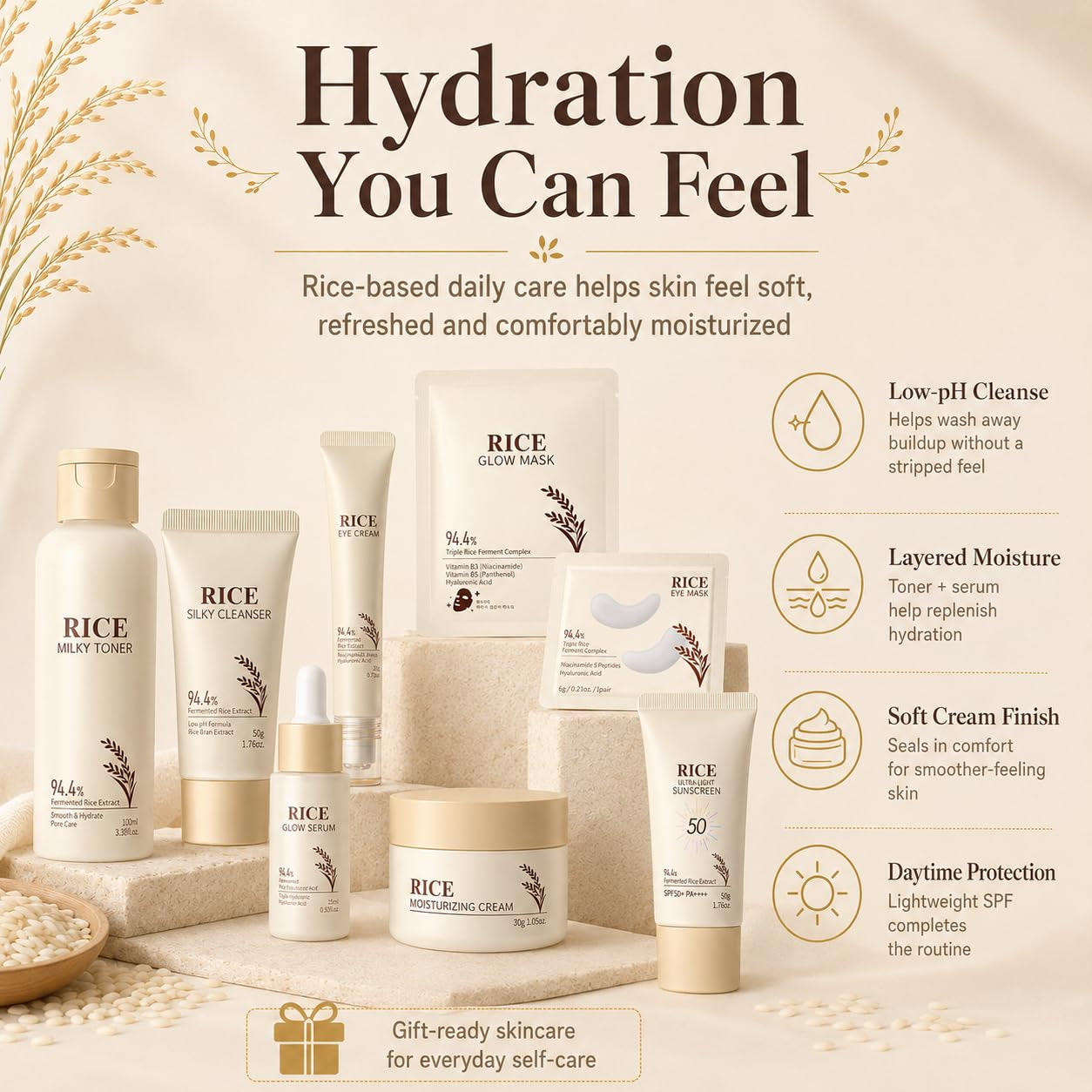 13PCS Rice Korean Skin Care Set, Korean Skincare Set, Korean Skin Care Kit - Rice Cleanser, Toner, Serum, Cream, Mask, Gua Sha & Headband, Gentle Skincare for Girls 10-12