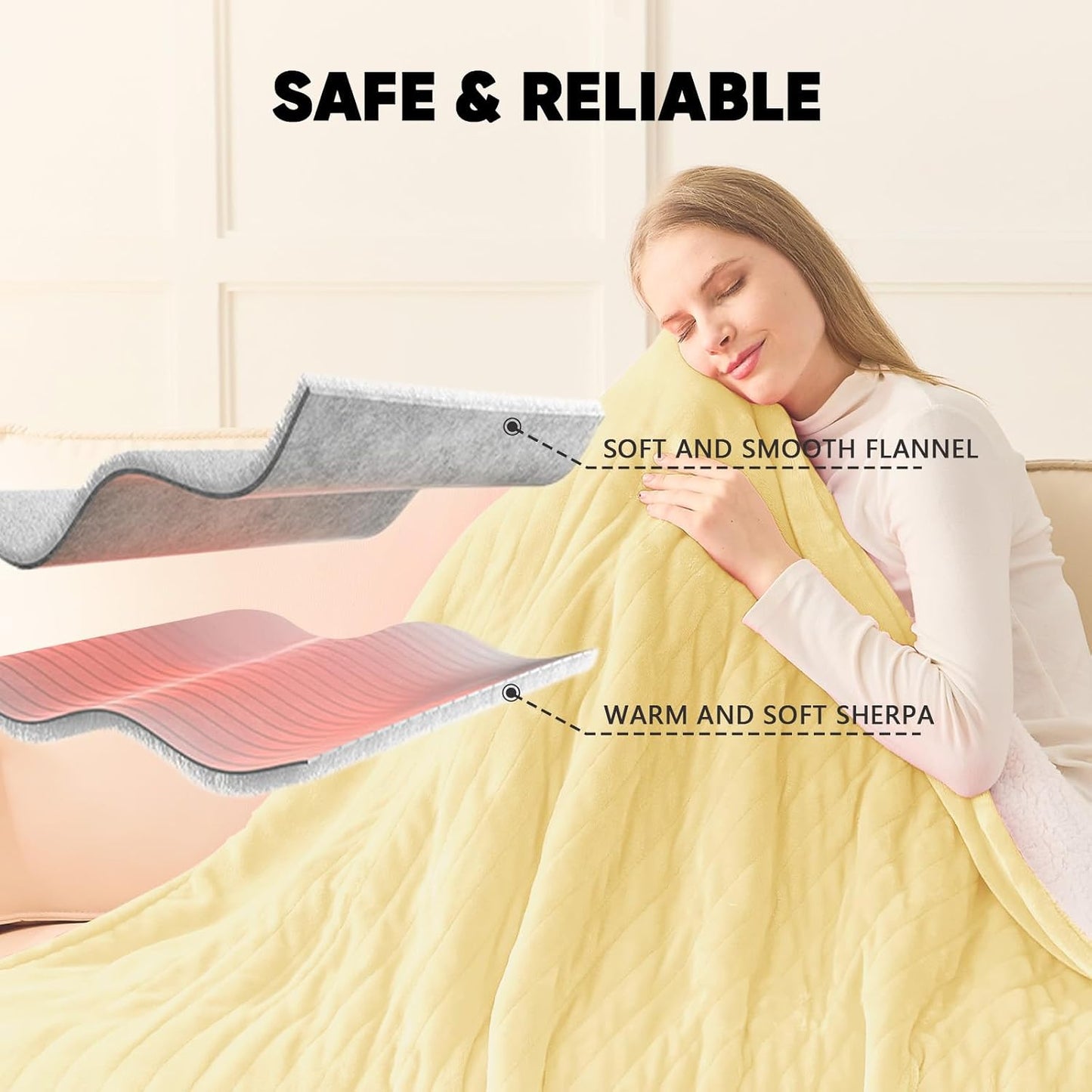 Heated Blanket Electric Full 72"X84", Heating Blankets with 10 Heat Levels /8 Hours Auto-Off, Soft Flannel Sherpa Fluffy House Warming Gifts for Grandma Seniors Mom,Cream Yellow