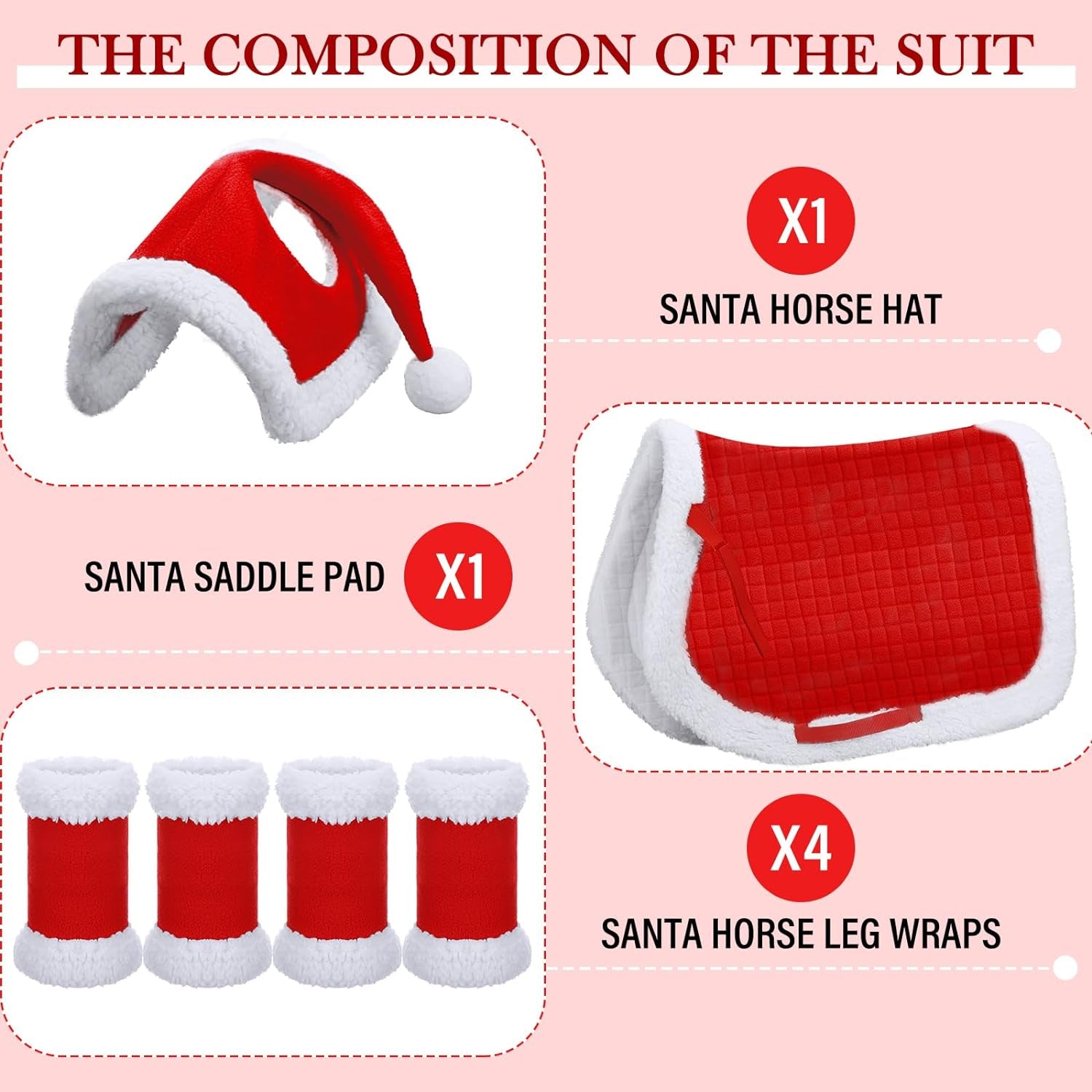 6 Pcs Christmas Holiday Santa Leg Wraps with Faux Fur Trim Holiday Santa Horse Hat All Purpose Santa Saddle Pad for Christmas Horse Costume Accessories