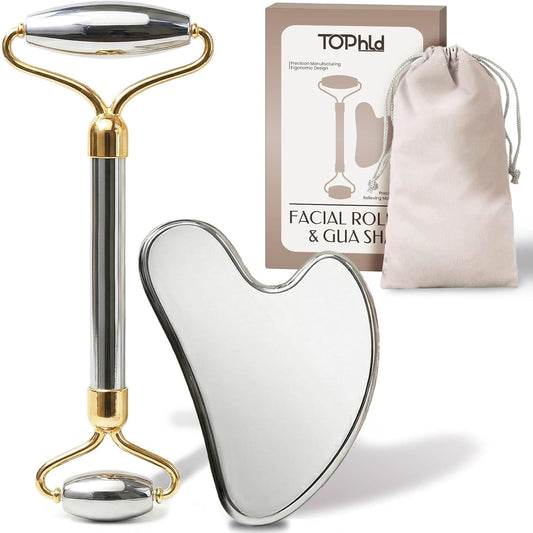 Stainless Steel Face Roller & Gua Sha Facial Tools, Face Massager for Self Care, Roller for Face, Jawline Sculpting and Puffiness Reducing