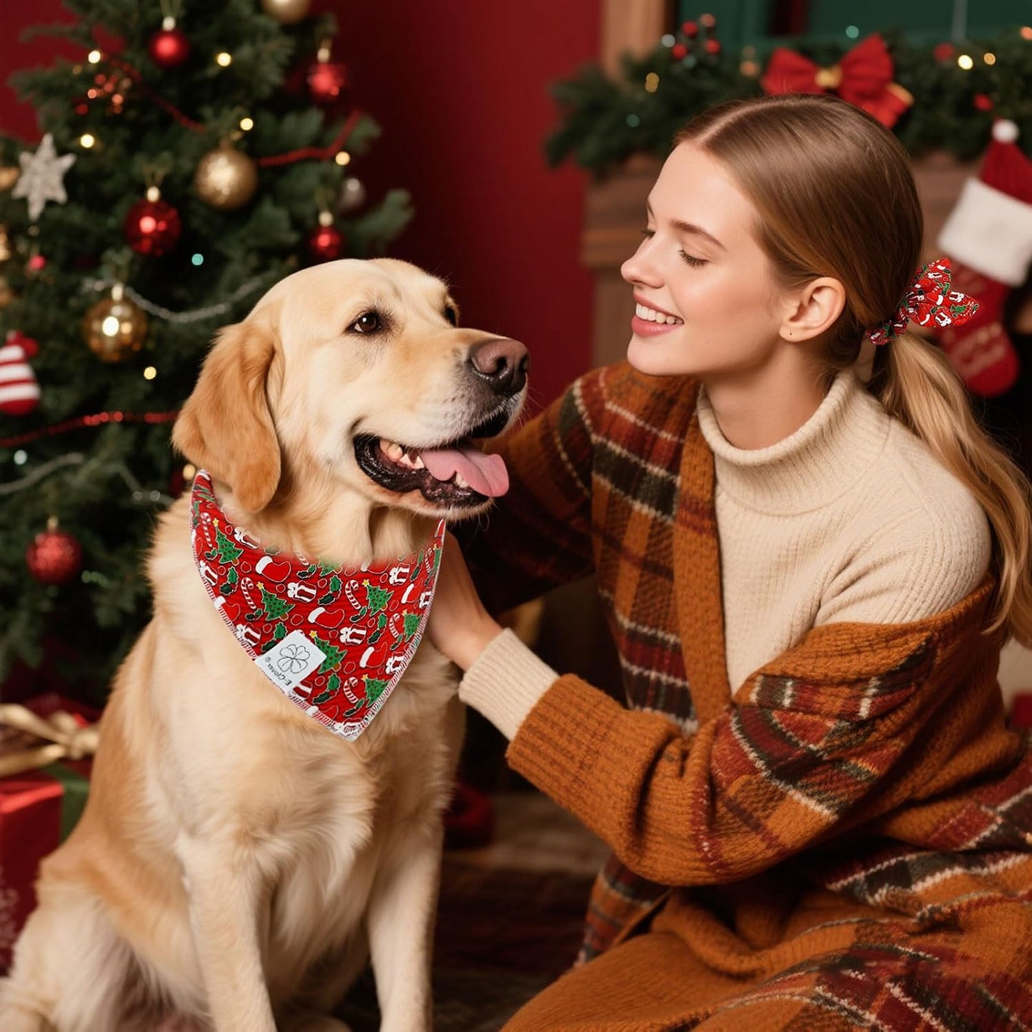 Christmas Dog Bandanas & Matching Scrunchie Set Green Red Dog Scarf Bibs Pet Bandana with Bow Tie for Medium Large Dogs Owner Mom Winter