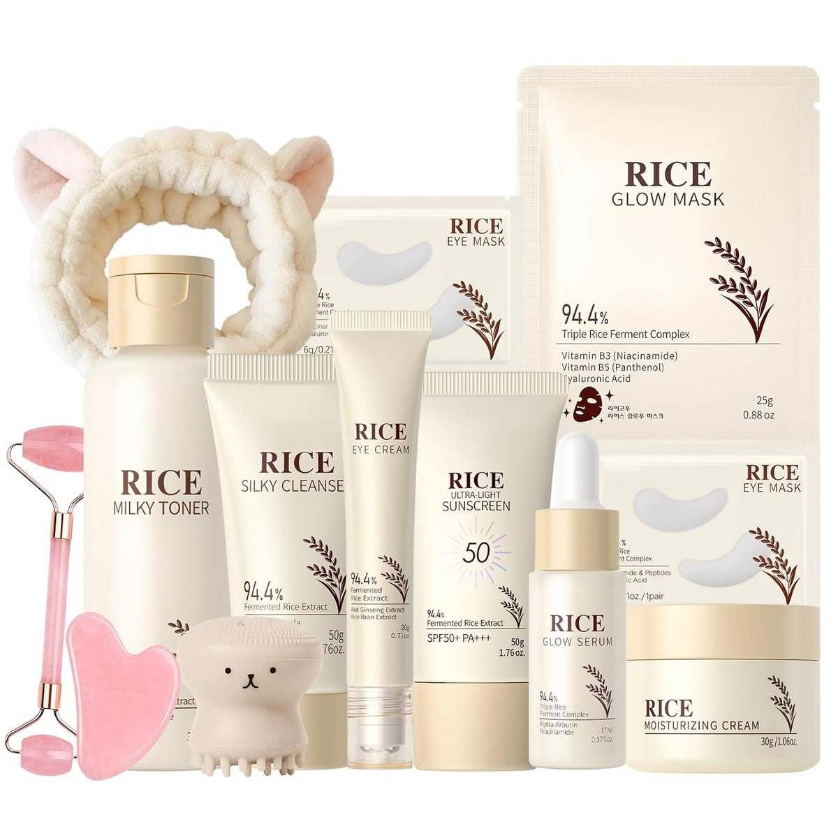 13PCS Rice Korean Skin Care Set, Korean Skincare Set, Korean Skin Care Kit - Rice Cleanser, Toner, Serum, Cream, Mask, Gua Sha & Headband, Gentle Skincare for Girls 10-12
