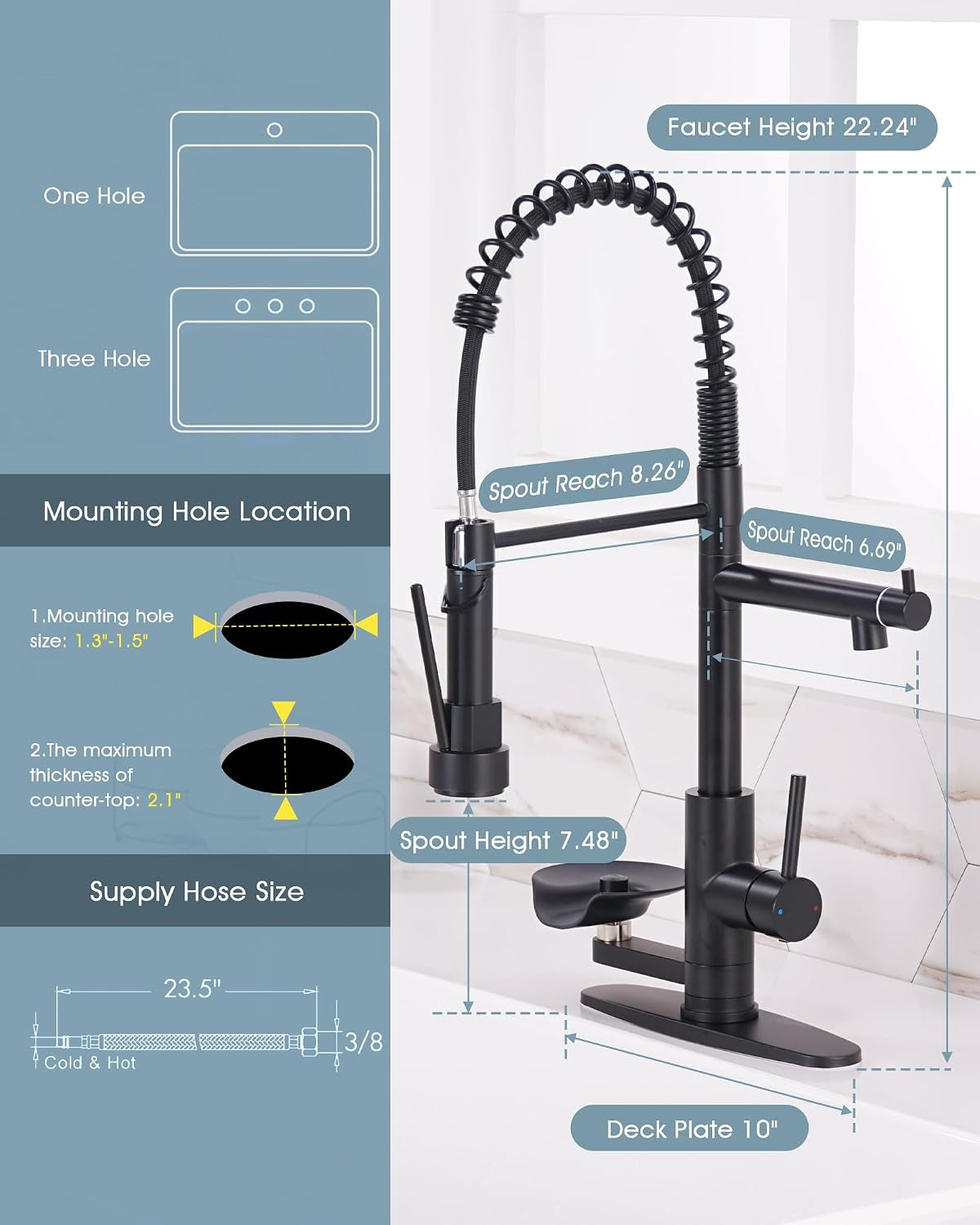 Kitchen Sink Fuacet with Glass Rinser, Single Handle Kitchen Faucet with Pot Filler, Pull down Sparyer, Deck Plate, 304 Stainless Steel, Matte Black