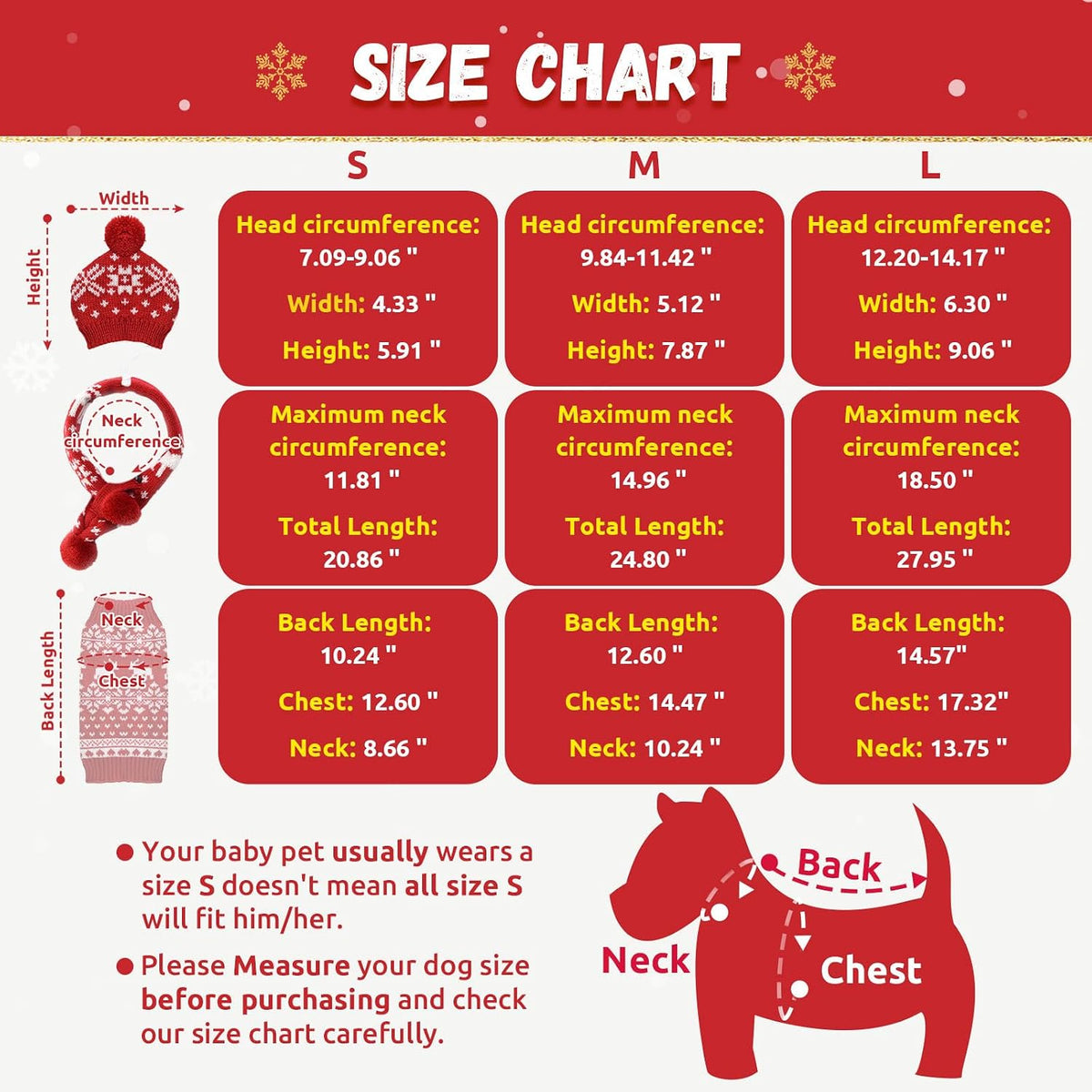 Dog Christmas Outfit 3 PCS Set Pet Xmas Sweater Hat Scarf Snowflake Christmas Dog Cat Sweaters Costume Winter Warm Small Dogs Clothes New Year Holiday Puppy Clothing (Scarf + Hat + Sweater,L)