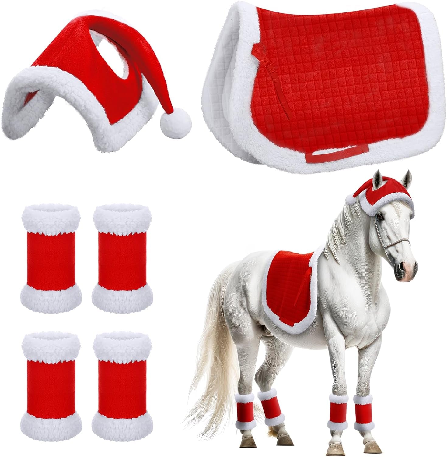 6 Pcs Christmas Holiday Santa Leg Wraps with Faux Fur Trim Holiday Santa Horse Hat All Purpose Santa Saddle Pad for Christmas Horse Costume Accessories