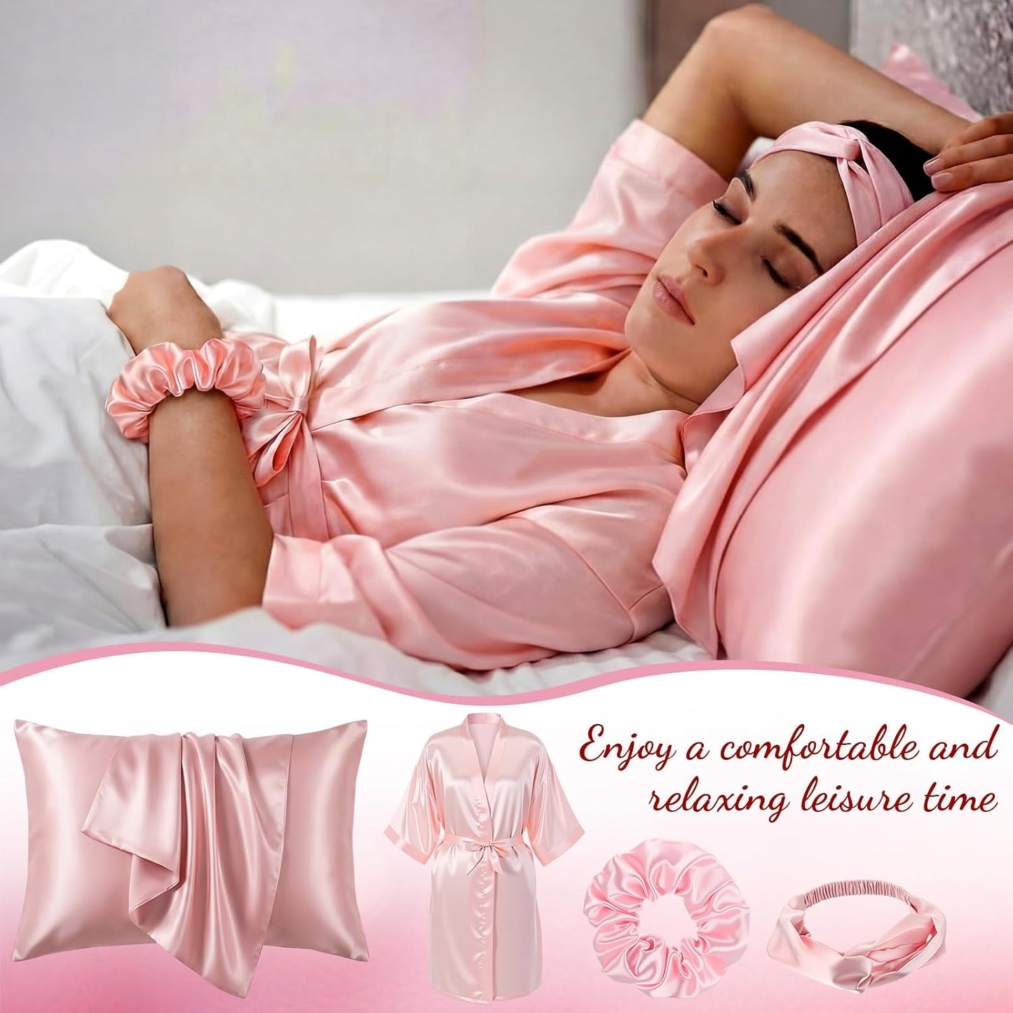 13 Pcs Birthday Gift for Women Spa Care Set Satin Robe, Silk Bonnet, Face Roller Sleep Essentials for Girls Mom(Pink)