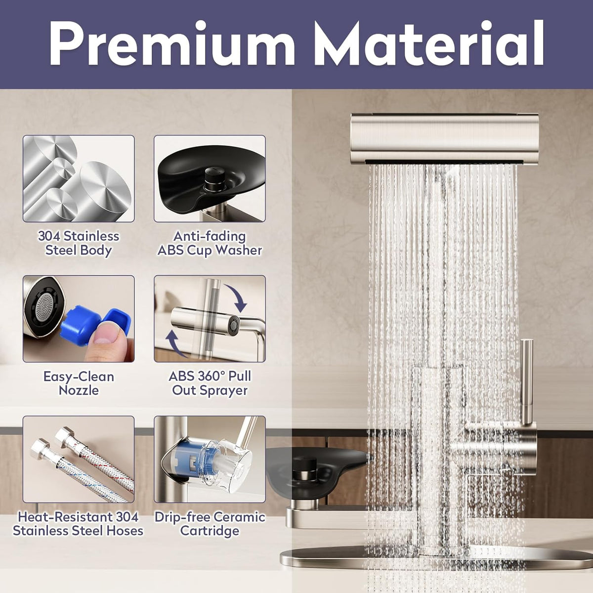 Brushed Nickel Kitchen Faucet with Pull down Sprayer & Cup Washer