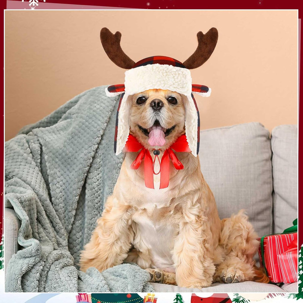 2 Pcs Christmas Antler Check Dog Santa Hat Adjustable Pet Red Plaid Pet Cap Xmas Antler Dog Hats for Small Medium Large Dogs(M)