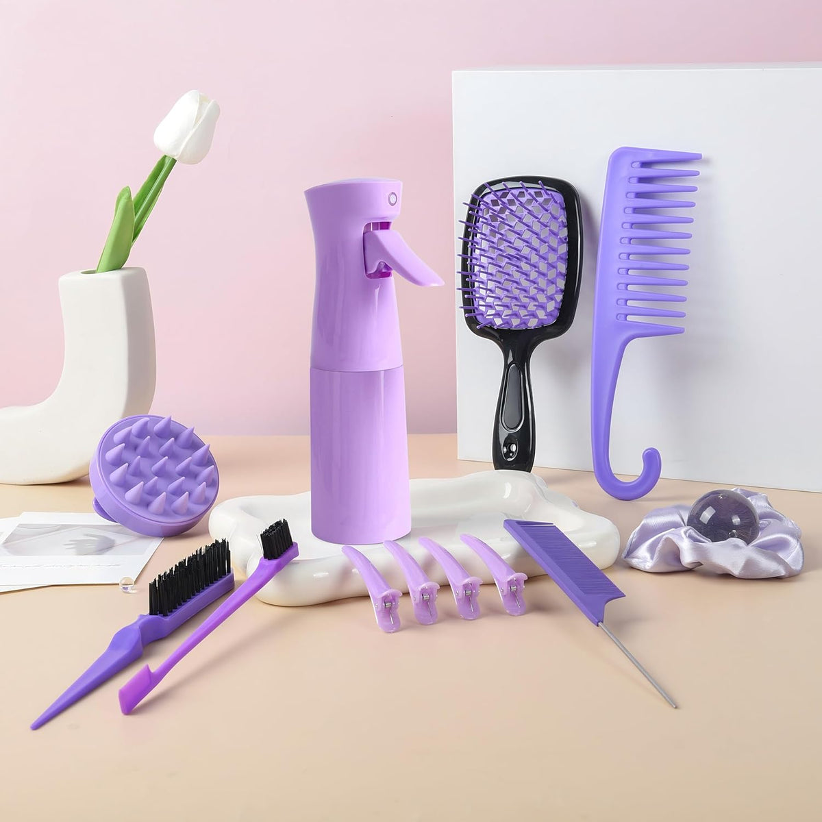 12 Pcs Hair Brush Set with Continuous Hair Spray Bottle for Women, Rat Tail Combs for Toddlers, Soft Scalp Massager, Detangling Hairbrush for Wet Dry Curly Hair (Purple)