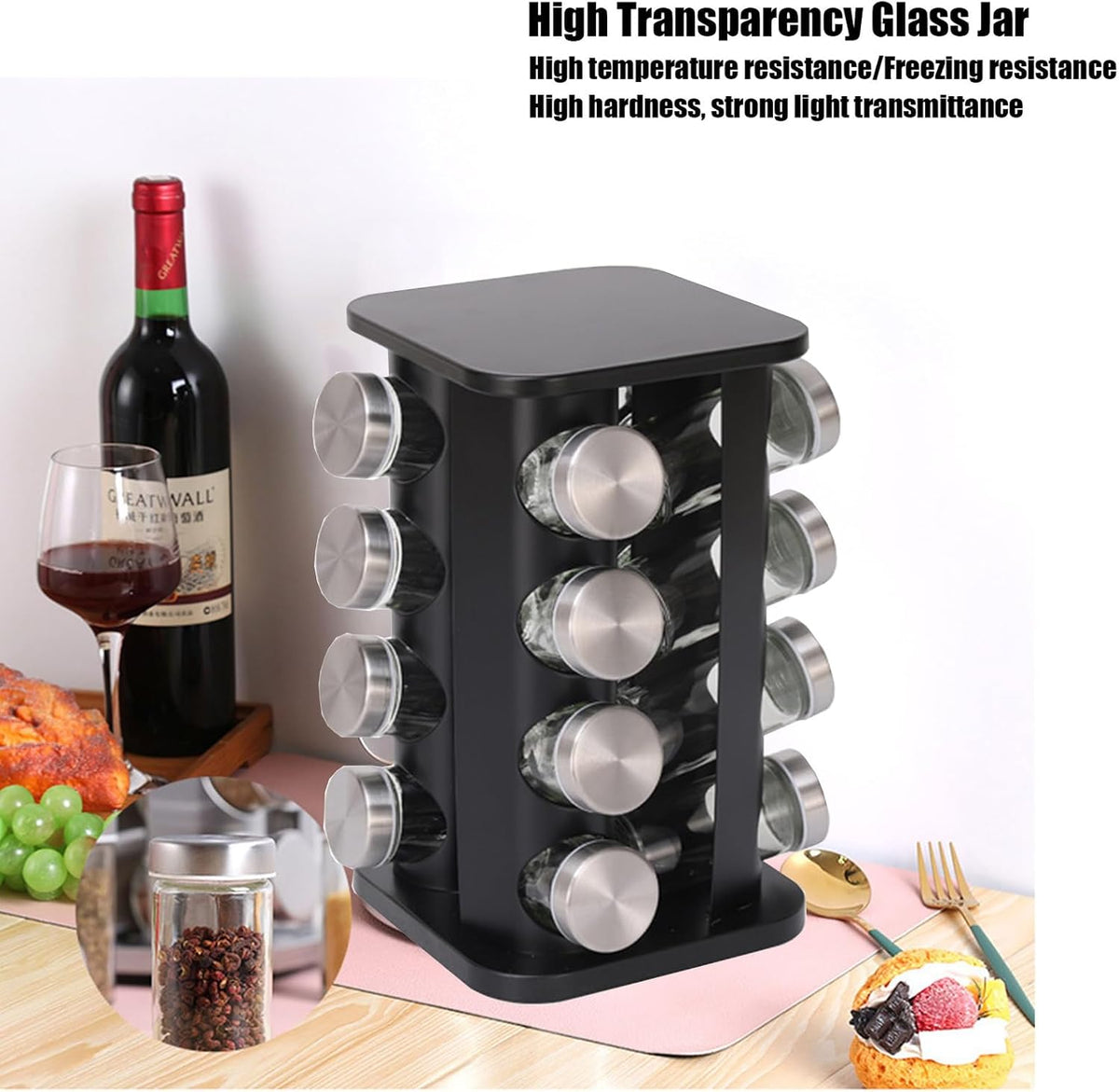Spice Rack, Spice Rack Organizers for Countertop, Rotating Countertop Spice Rack, Revolving Spice Rack for Kitchen, Kitchen Gadgets, Organizer Rack with Spice Jars (Black, Squarehead_20Jars)
