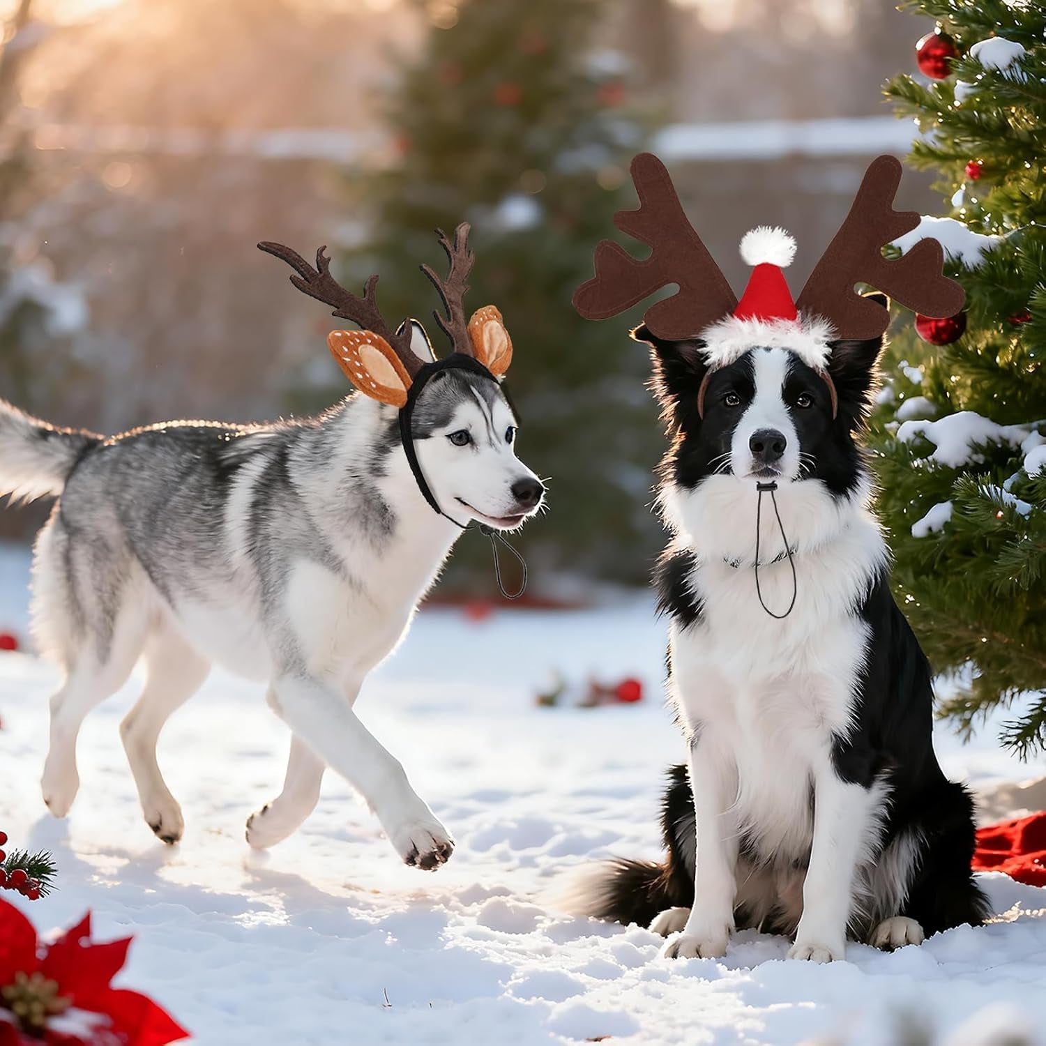 Dog Reindeer Antlers Headbands with Santa Hat, Pet Christmas Costume