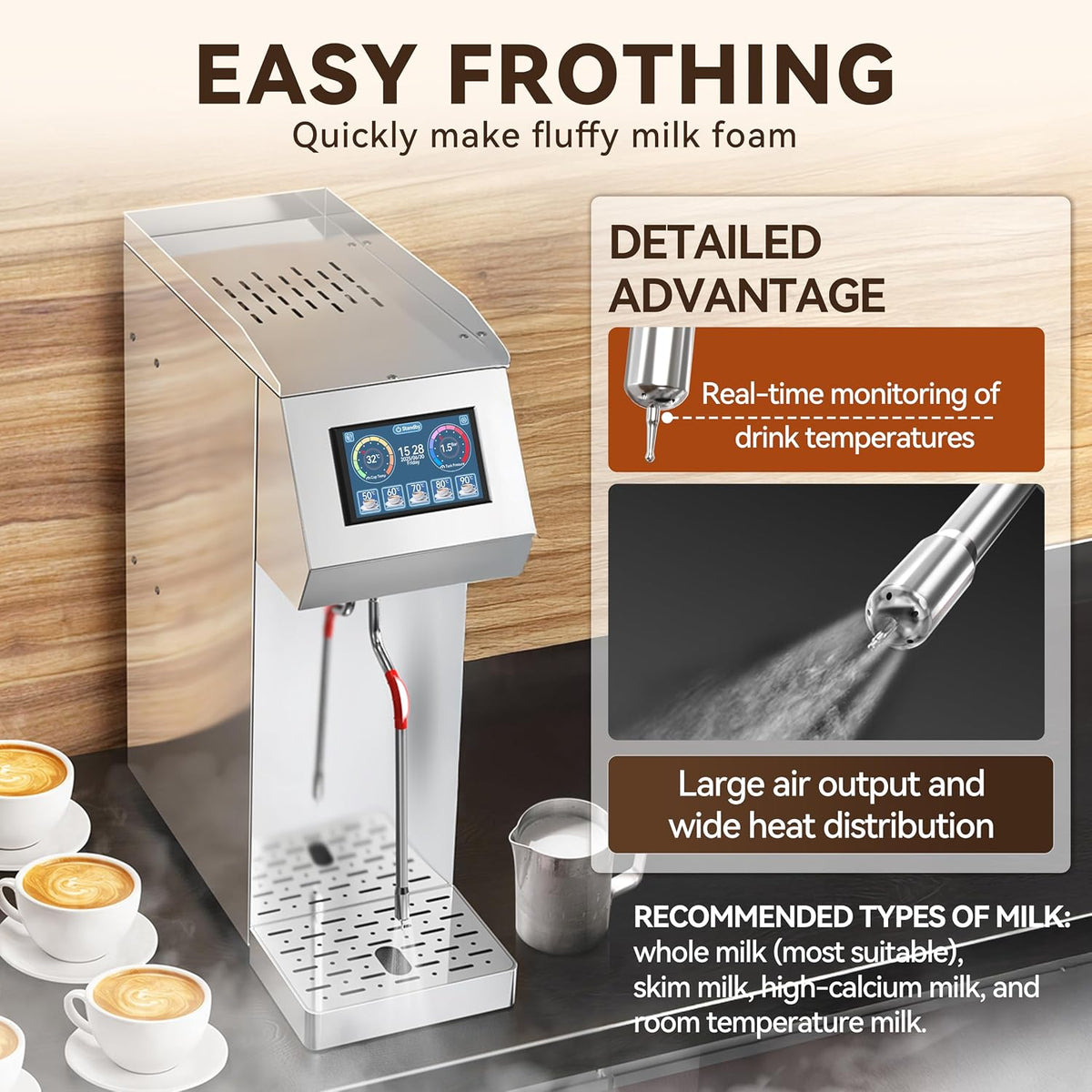 Commercial Milk Frother and Steamer 2000W, 6 Temp Settings, Silver